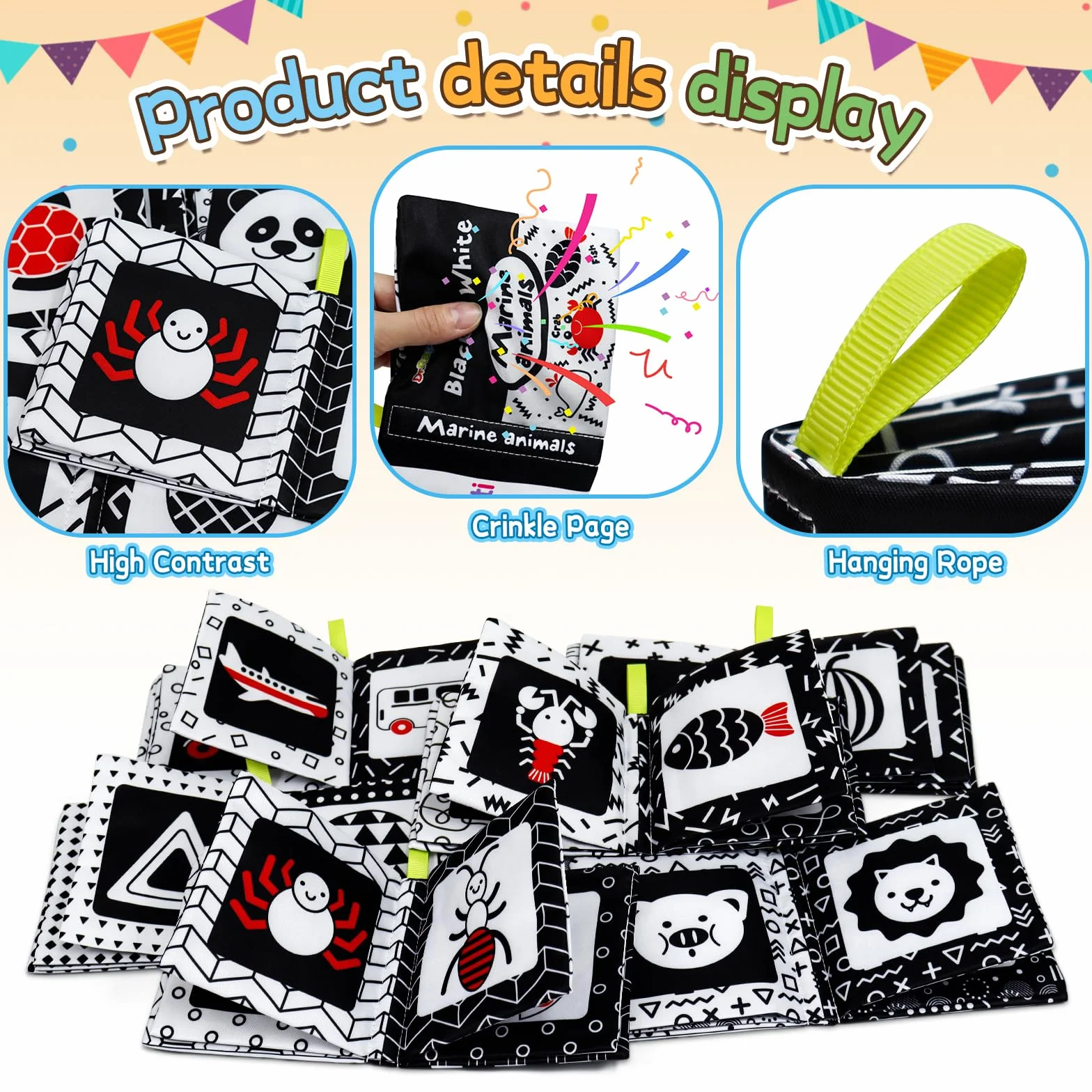 Dr.Rapeti 6 Pack Soft Books, Baby Soft Cloth Book, Sensory Book, Bath Book, Crinkle Soft Book, Black and White High Sensory Book, Washable Nontoxic Educational Learning Toy
