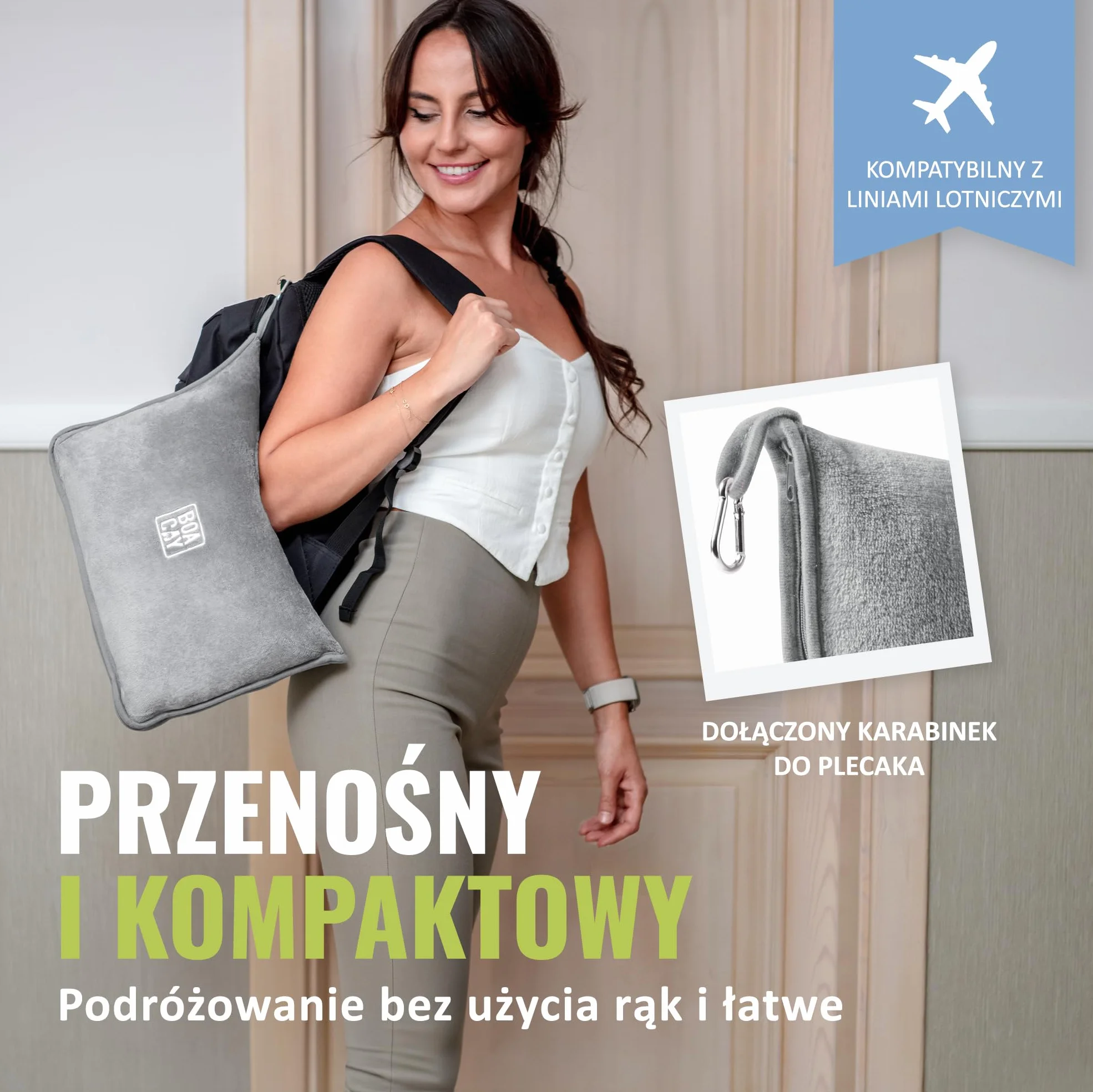 BOACAY Miękki i Ciepły Koc Podróżny do Samolotu i Samochodu - Niezbędnik Długiego Lotu dla Kobiet, Mężczyzn, Dzieci - Poduszka Kompaktowa z Rękawem na Bagaż i Klipem na Plecaka