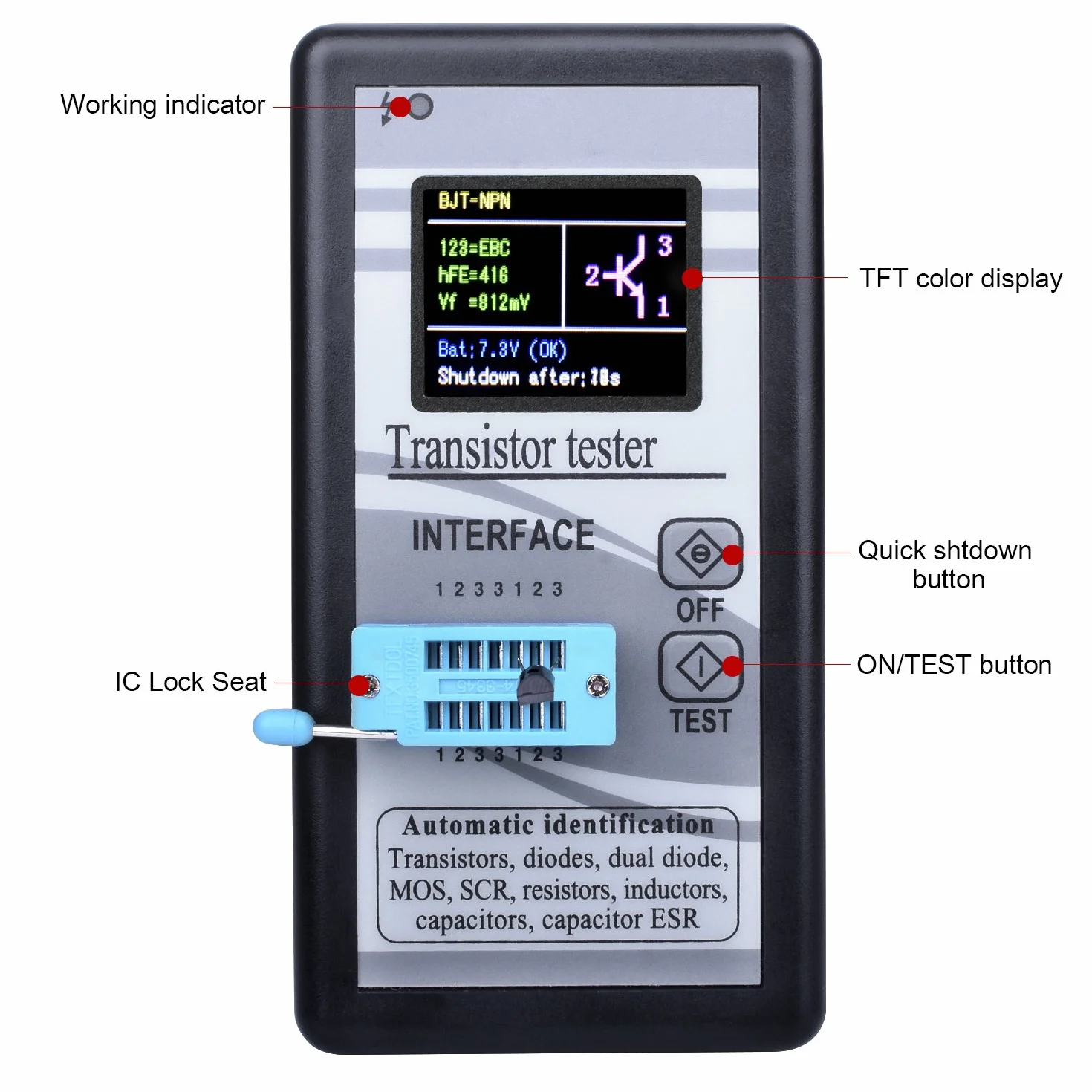 Kuman Wielofunkcyjny tester tranzystorowy z 1,8-calowym wyświetlaczem LCD TFT, tranzystor automatycznej identyfikacji Mega328 NPN/PNP, diody, podwójna dioda, SCR, rezystory, kondensatory MOSFET ESR