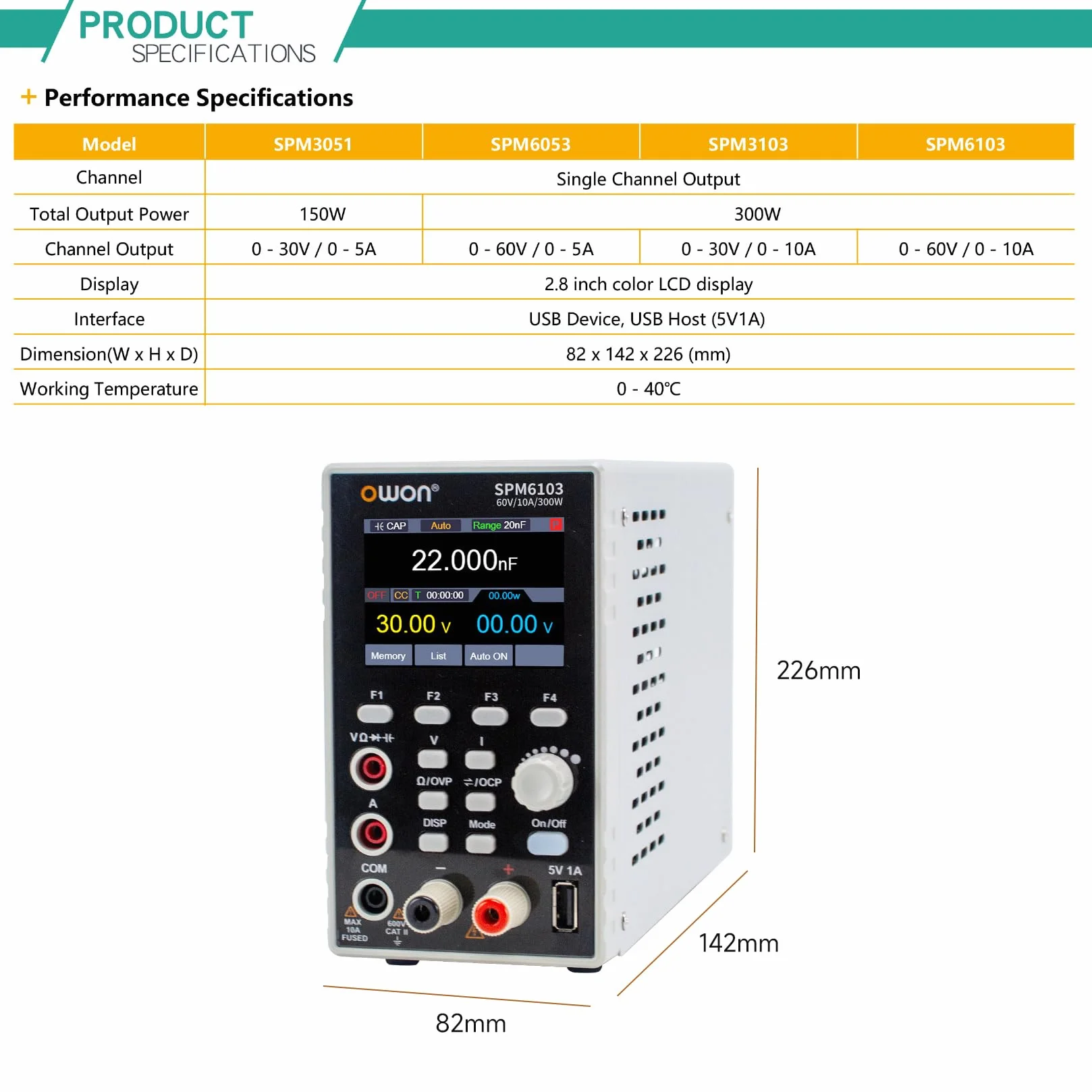 OWON SPM6103 Programowalny zasilacz DC 0-60V 0-10A 300W 4 1/2-cyfrowy multimetr