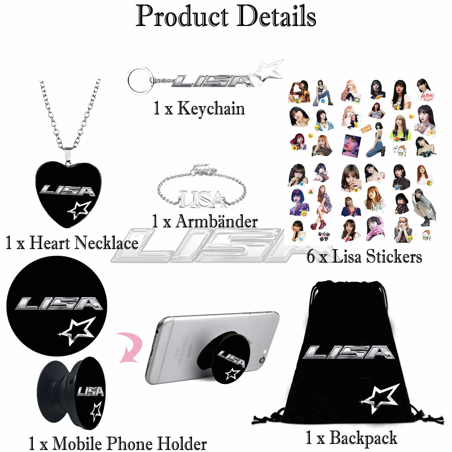 Akcesoria Blackpink Lisa, zestaw upominkowy Lalisa, zestaw upominkowy dla fanów Blackpink, osobisty towar Lisa Rockstar, pudełko upominkowe, papier fotograficzny, torba ze smyczą, naklejki na klucze