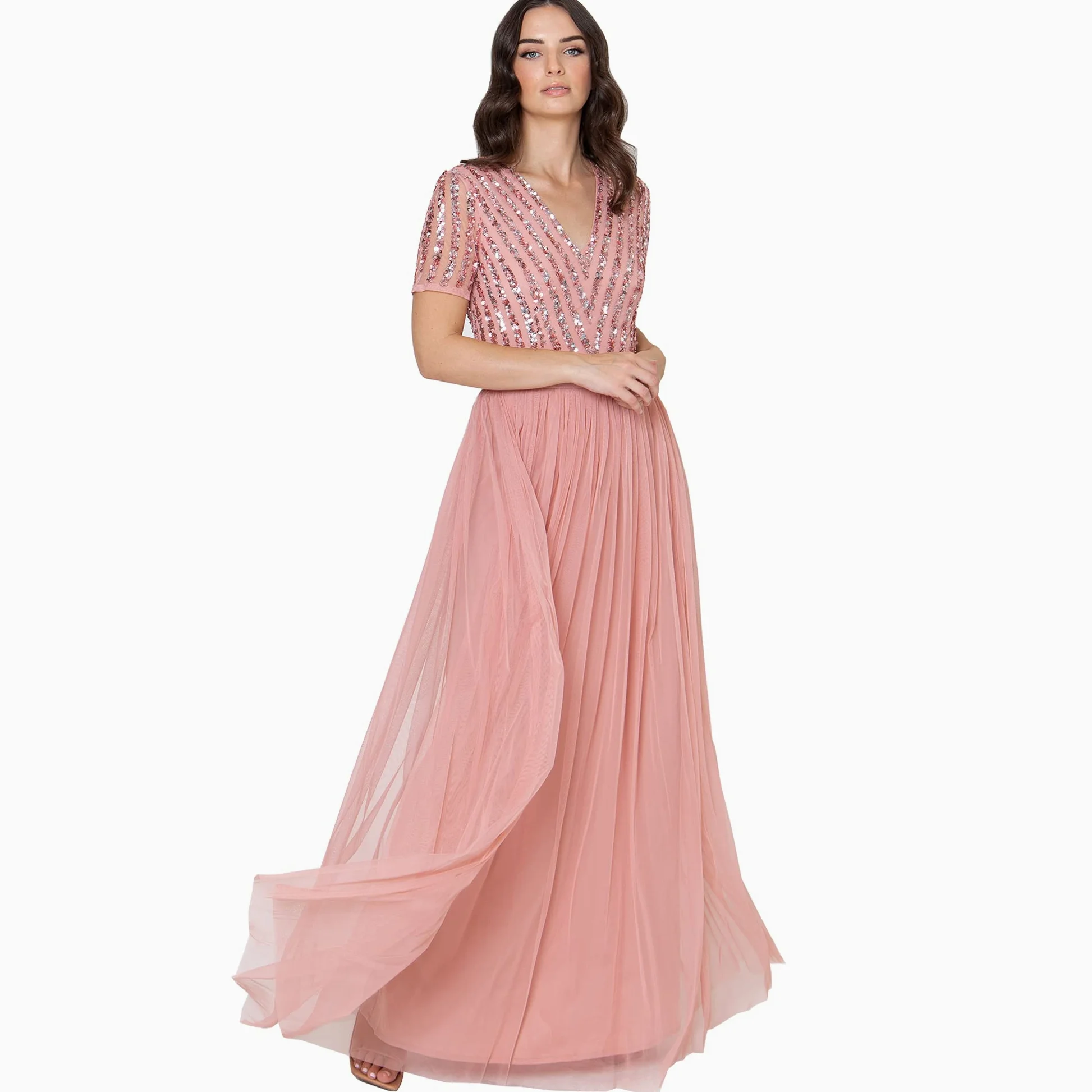 Maya Deluxe Damska sukienka maxi dla druhny dekolt w serek suknia balowa z krótkim rękawem długa elegancka empire talia ślub, Kwiecisty (Blossom), 50