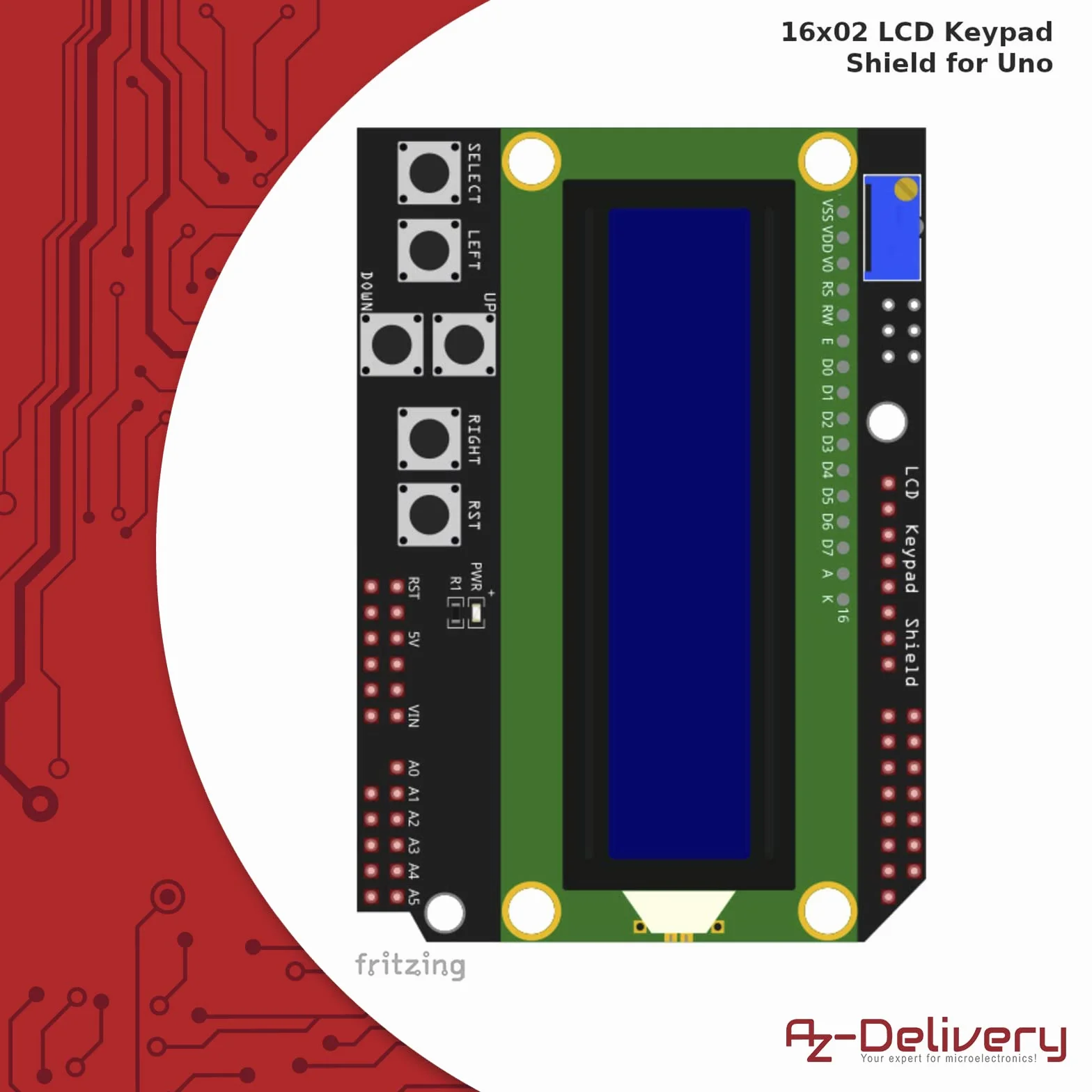 AZDelivery 1602 LCD Keypad Shield HD44780 1602 Moduł 2x16 znaków (z niebieskim tłem i białymi znakami) kompatybilny z Arduino w tym e-Book!