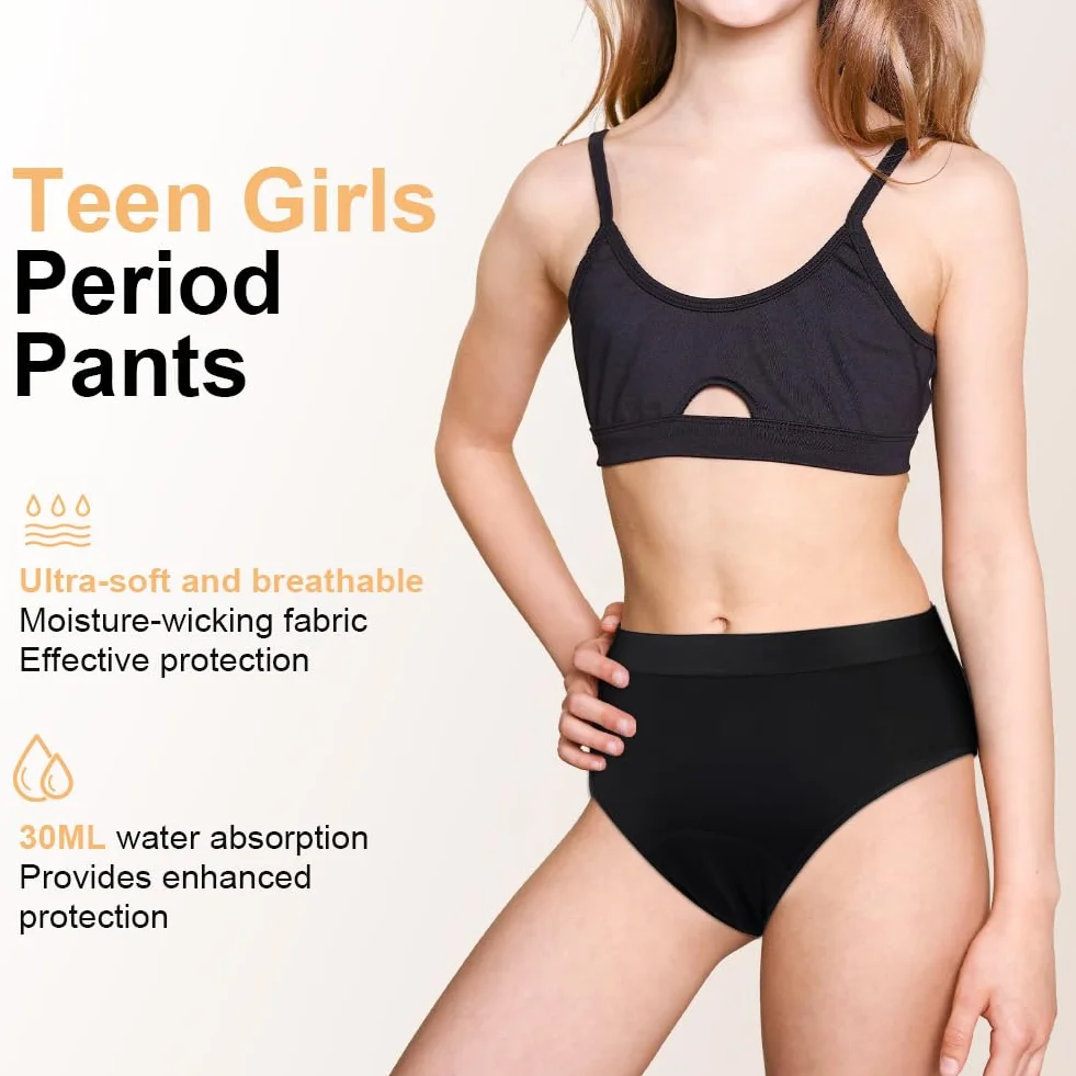Majtki dziewczęce, zestaw 4 sztuk majtek menstruacyjnych dla dziewczynek, okresowe majtki, zmywalne, szorty, dla nastolatek, miękka i wygodna bielizna średniej wielkości