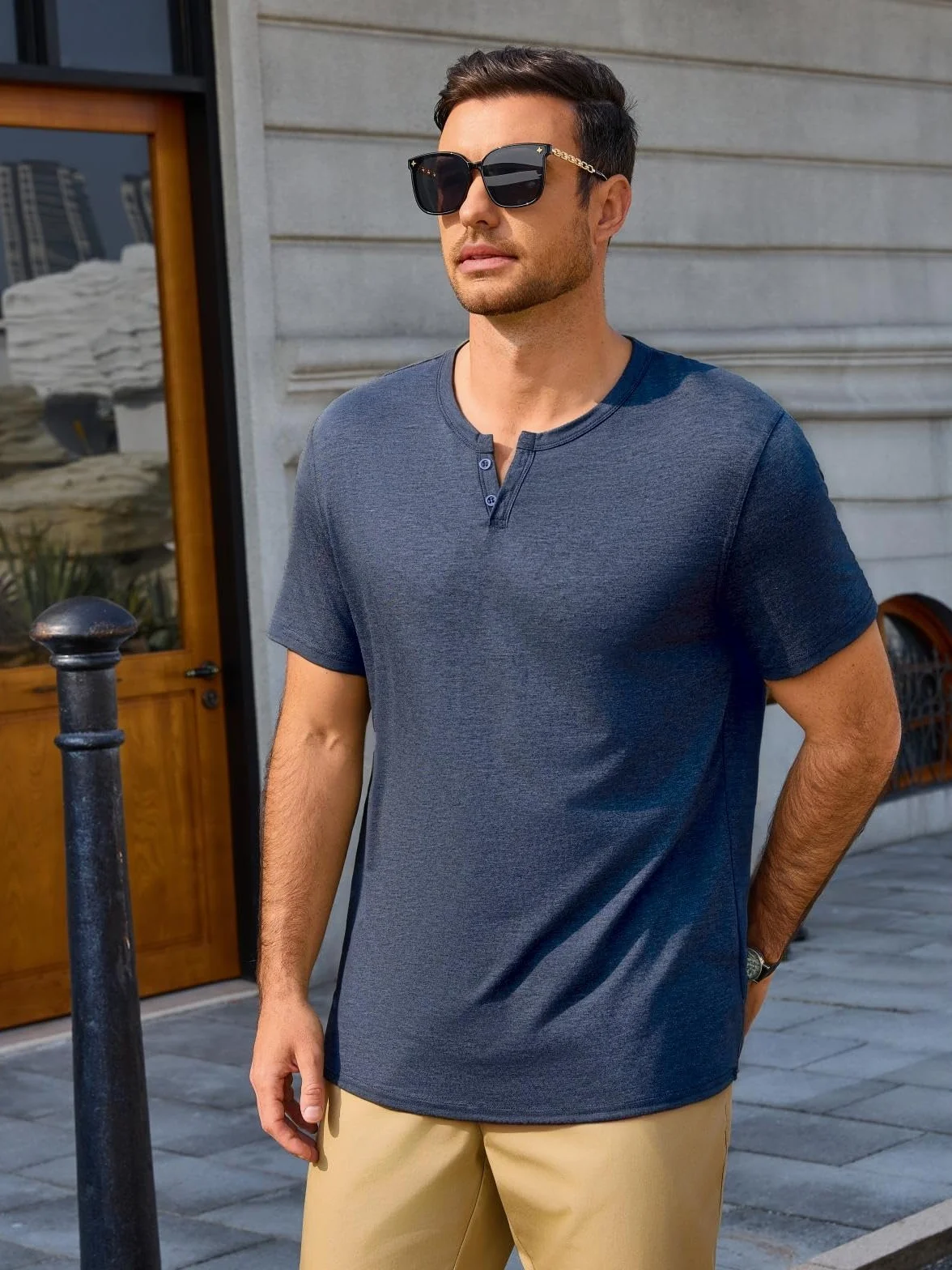 Runcati Męski T-shirt na lato, krótki rękaw, Henley, koszulka męska, dekolt w serek, jednokolorowa, luźna, krój slim fit, lekka koszulka basic z listwą guzikową