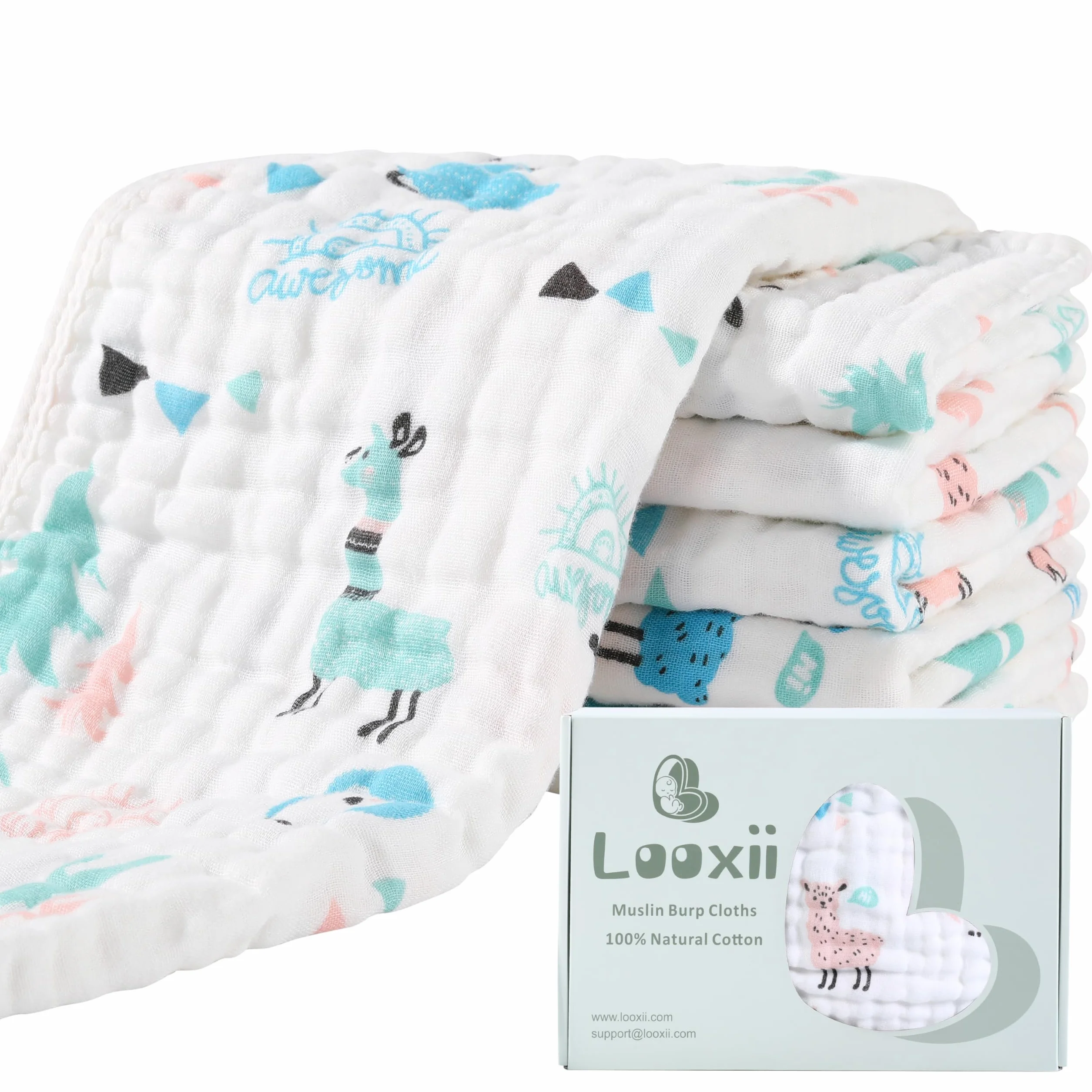 Looxii 6-częściowy zestaw 100% bawełny ściereczki muślinowe dla niemowląt 27 x 47 cm ściereczki molton, 6-warstwowe pieluchy z muślinu, pieluchy materiałowe dla noworodków - niebieska alpaka