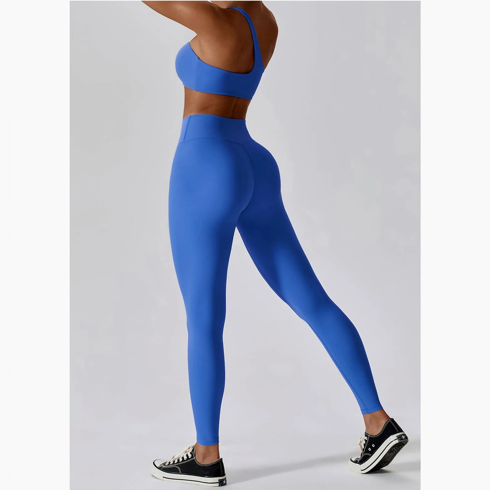 Damski zielony 2-częściowy seksowny zestaw do jogi - krótki podkoszulek bodycon legginsy kombinezon na siłownię i fitness, NIEBIESKI, S