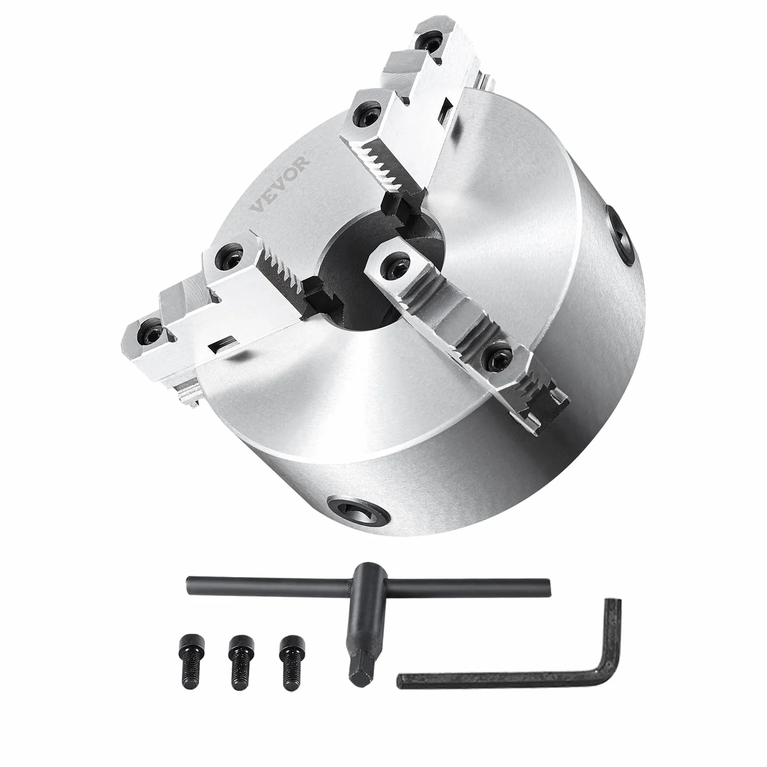 VEVOR Uchwyt tokarski z 3 szczękami 200 mm uchwyt tokarski z 3 bolcami zakres zacisków 4–200 mm samocentrujący uchwyt do tokarki do drewna klucz T i sześciokątny do tokarek frezarek