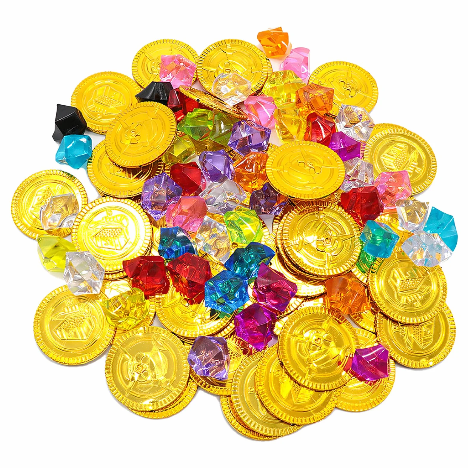 Zestaw 100 złotych monet skarbów pirackich (50 złotych talarów dla dzieci i 50 pirackich kamieni szlachetnych), skarb piracki dla dzieci, upominki na imprezę piracką, poszukiwanie skarbów na