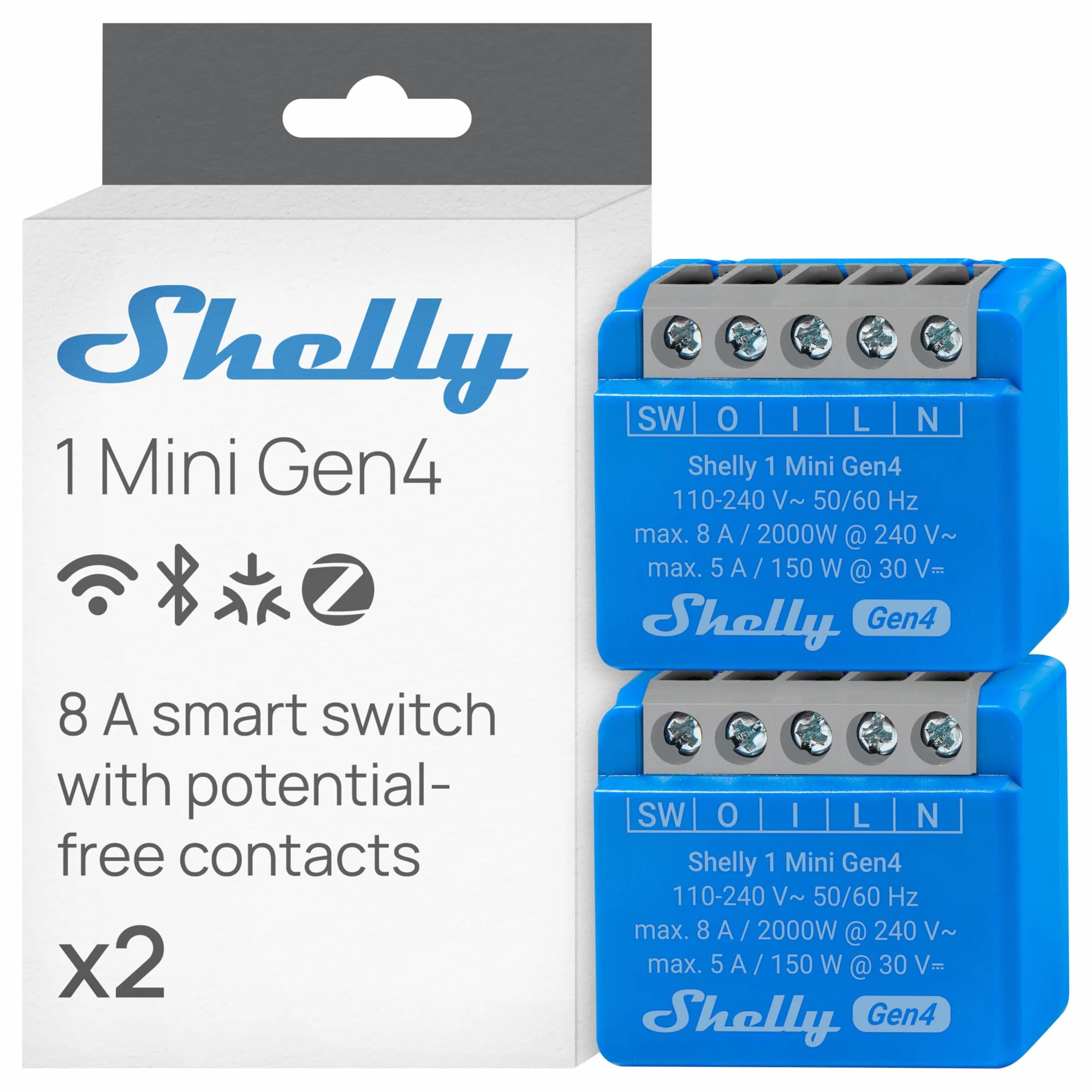 Shelly 1 mini Gen4, inteligentny przekaźnik Wi-Fi, 1 kanał, 8 A, kontakt bez potencjałów, automatyka domowa, zdalne sterowanie, nie wymaga koncentratora, Alexa, Google Home, Apple HomeKit, Zigbee