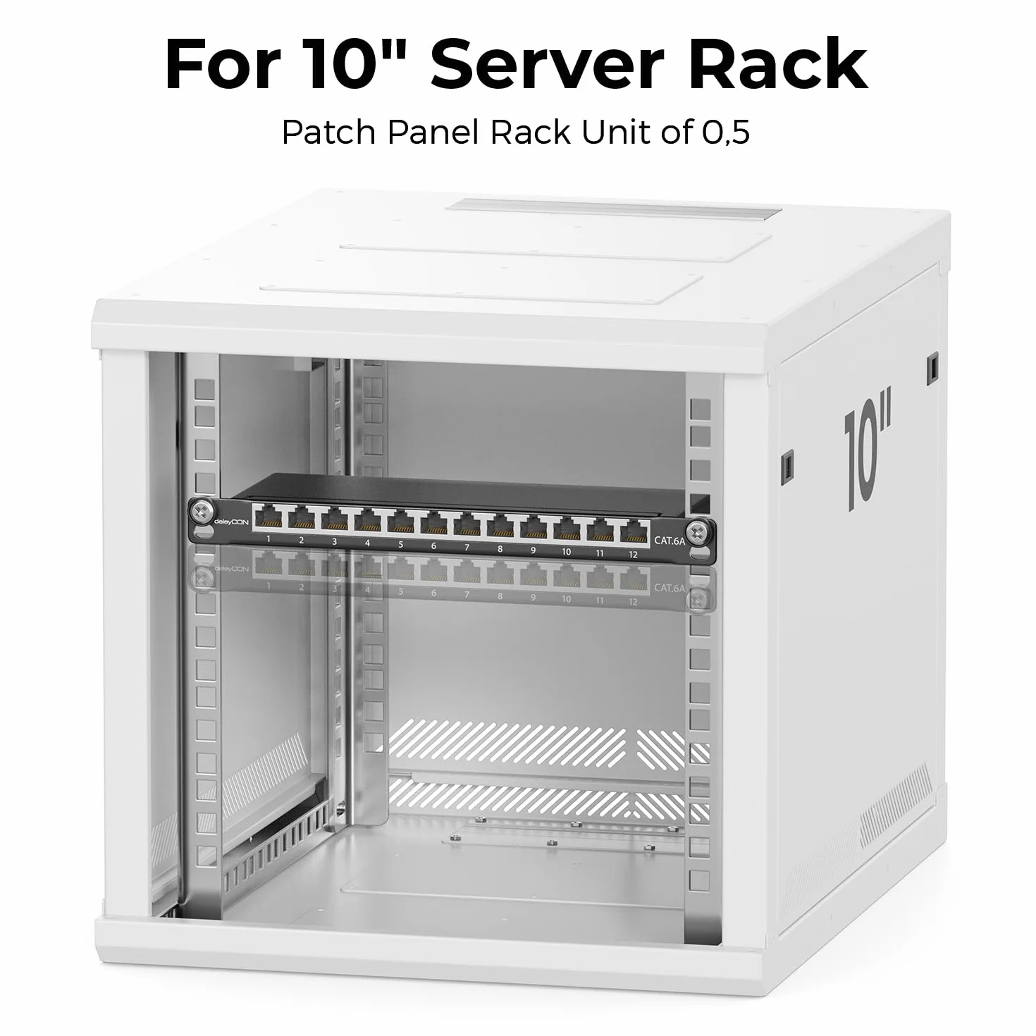 deleyCON CAT 6a 0.5U Patch Panel Mini Patch Panel 12 Portów - Desktop 10 Cali Montaż w Szafie Serwerowej RJ45 Ekranowany TIA568A TIA568B RAL 9005 Czarny