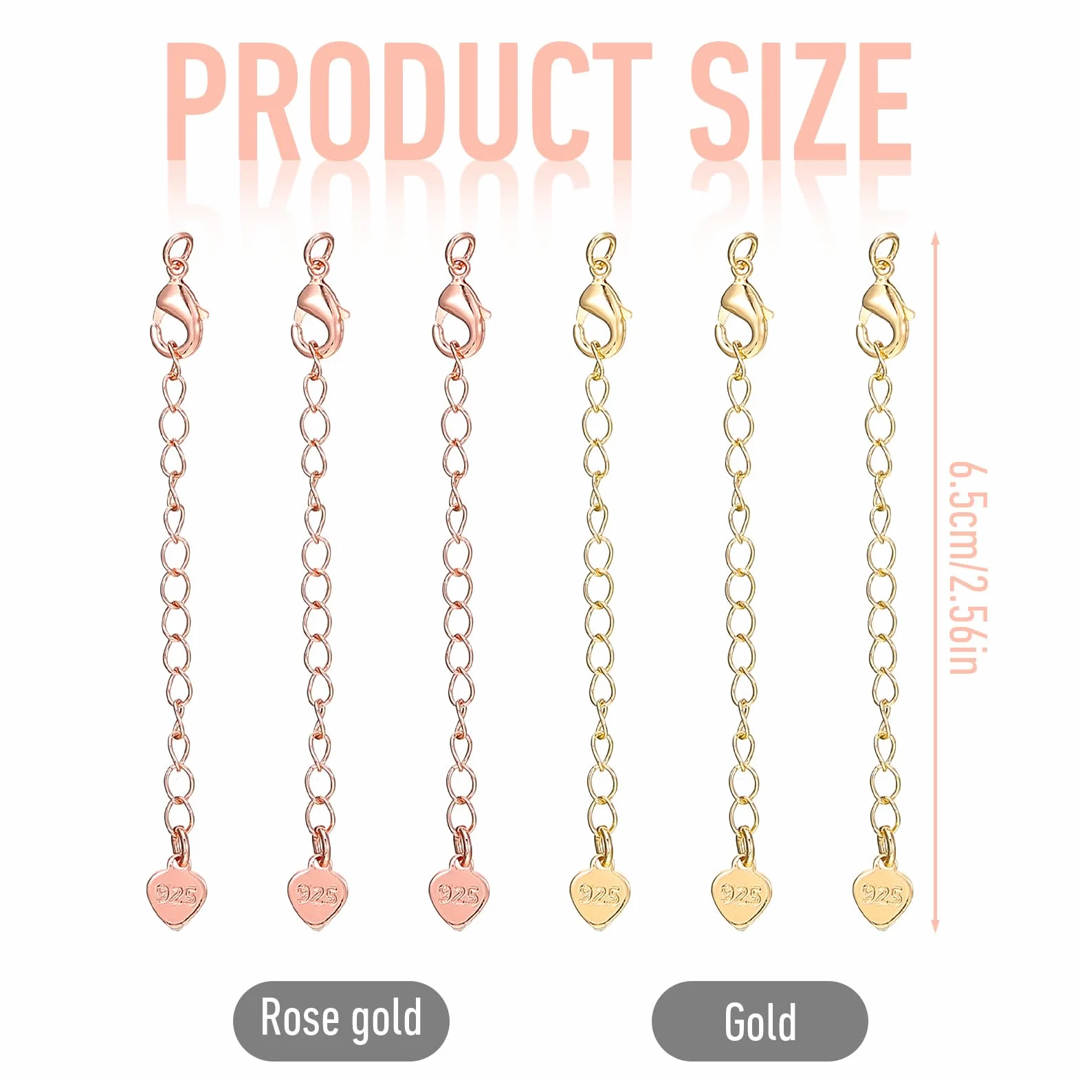Tyqour 6 sztuk złotych przedłużek do łańcuszka, 6,5 cm, przedłużenie łańcuszka, łańcuszek na kostkę, bransoletka, łańcuszek przedłużający do produkcji biżuterii, serce pozłacane przedłużenie łańcuszka
