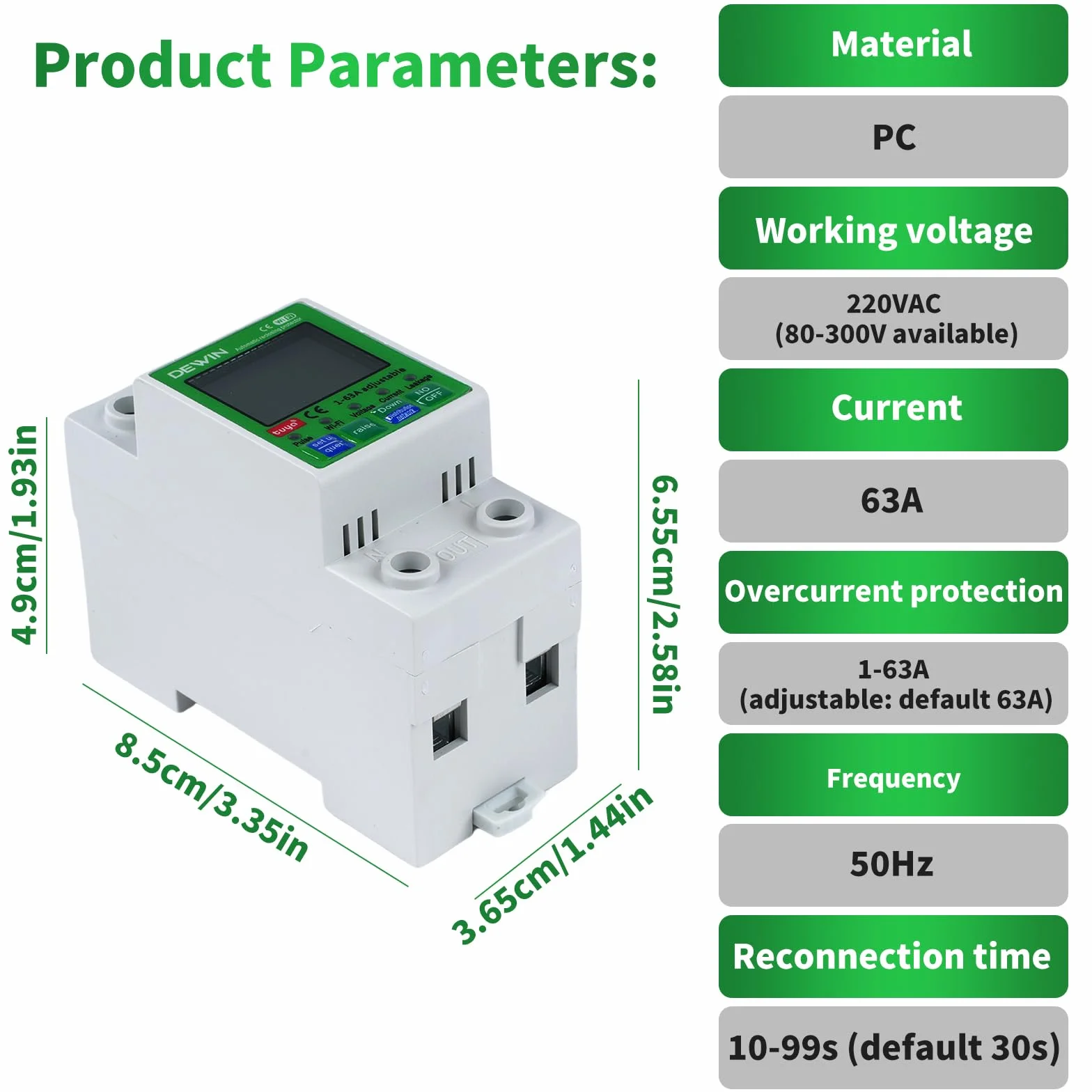 DEWIN inteligentny miernik, inteligentny miernik energii WiFi, licznik elektryczny, wyłącznik czasowy, wyłącznik z ochroną przed przepięciem i przepięciem 2P 63A AC 80-300V