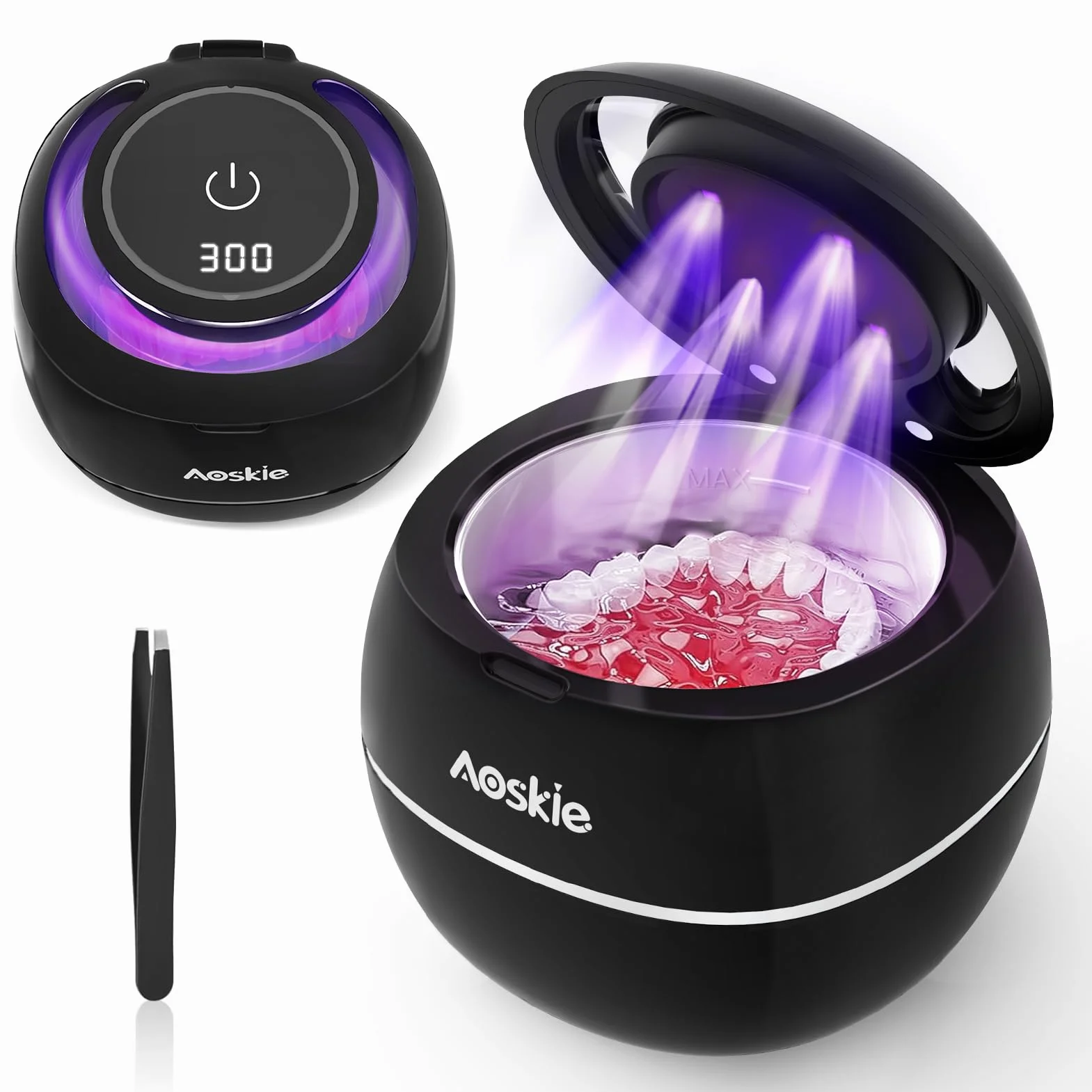 Aoskie Ultradźwiękowe urządzenie do czyszczenia zębów, 48000 Hz, 180 ml, z lampą U-V, kąpiel ultradźwiękowa do protez, korektorów, biżuterii, składanych okularów