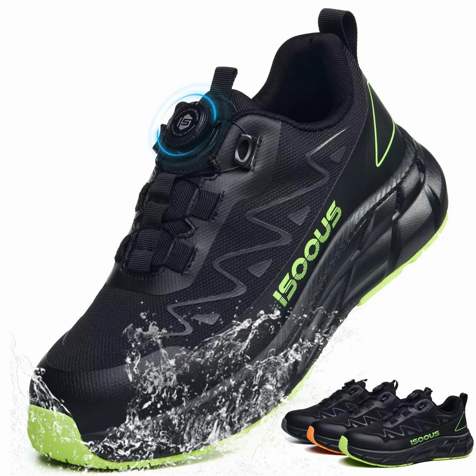 ISOOUS Buty ochronne męskie S3S, wodoodporne, damskie, ESD, lekkie, z zapięciem obrotowym, antypoślizgowe, wygodne, ze stalowym noskiem, czarny, zielony, 46 EU