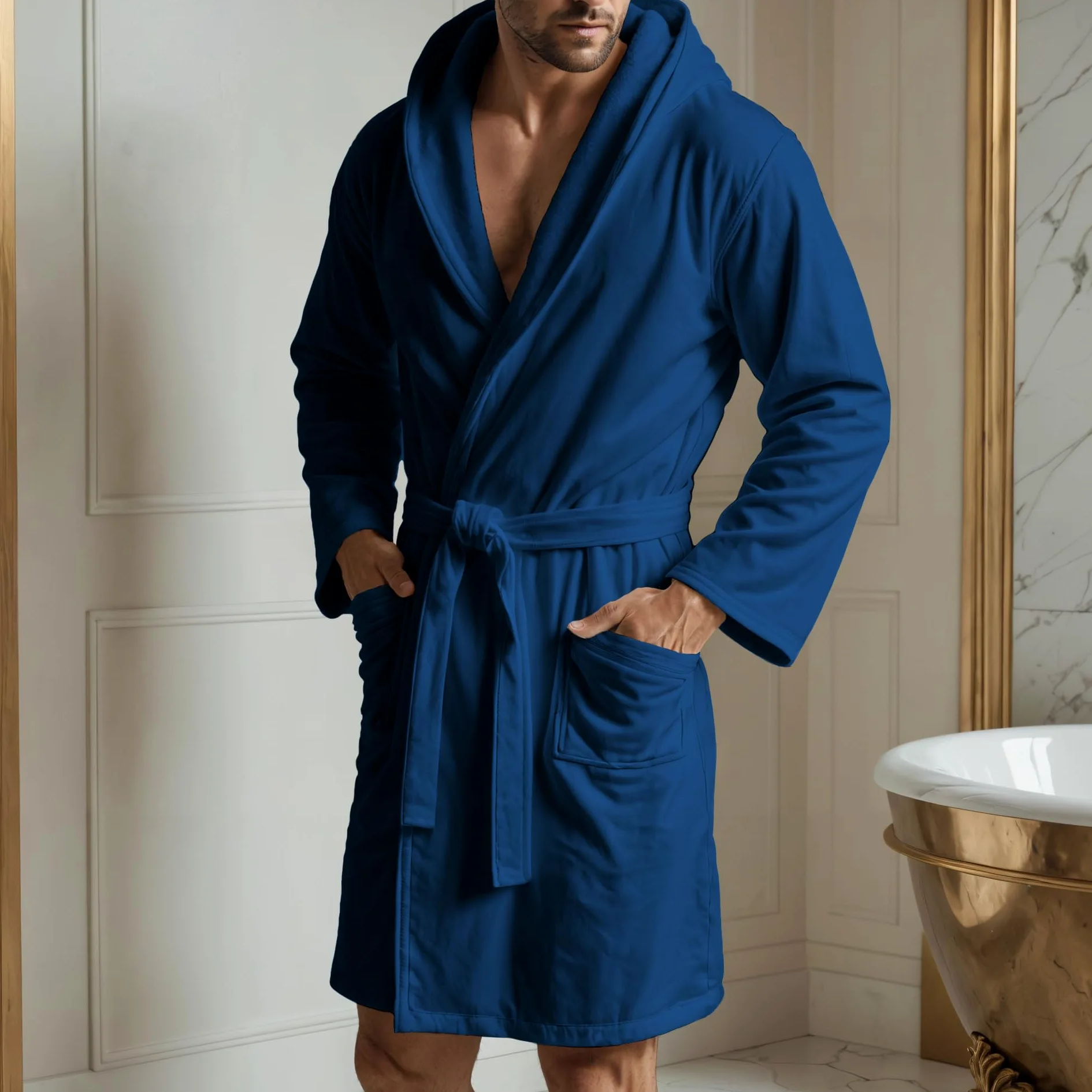 PETTI Artigiani Italiani Szlafrok z Mikrofibry Męski Damski z Kapturem, Kieszeniami, Paskiem, Unisex Szybkoschnący na Siłownię, Basen, Plażę, Spa, Granatowy, L