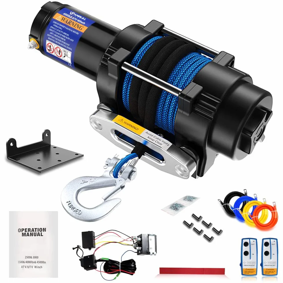 Anbull Wciągarka elektryczna 12 V, 4500 lbs/2045 kg, linka syntetyczna, wodoszczelna zgodnie z IP67, linka nylonowa, z uchwytem montażowym i pilotem zdalnego sterowania, kompatybilna z ATV UTV