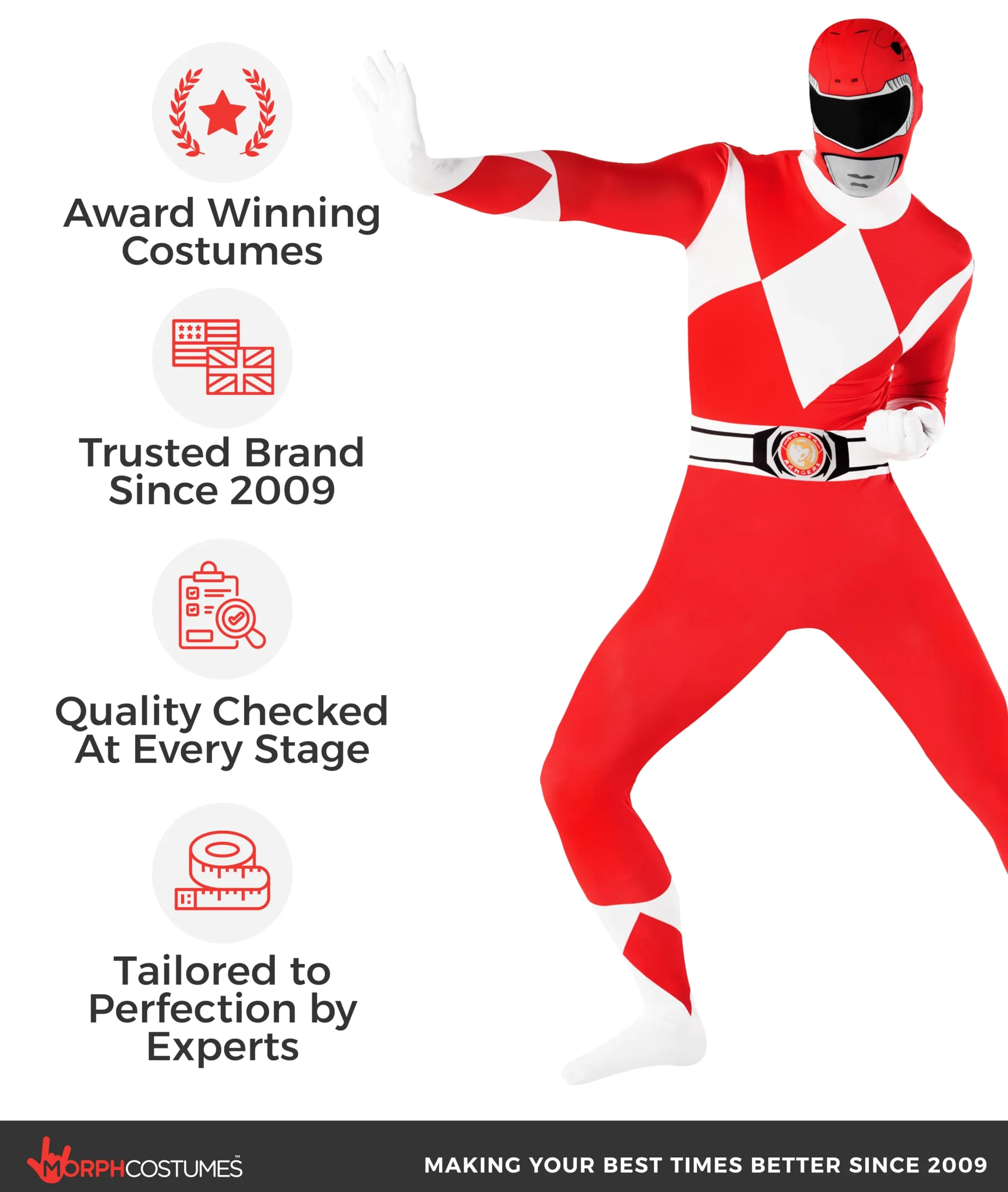 Morphsuits Oficjalny czerwony kostium Power Ranger dla dorosłych - XL (176 cm-185 cm), czerwony, XL
