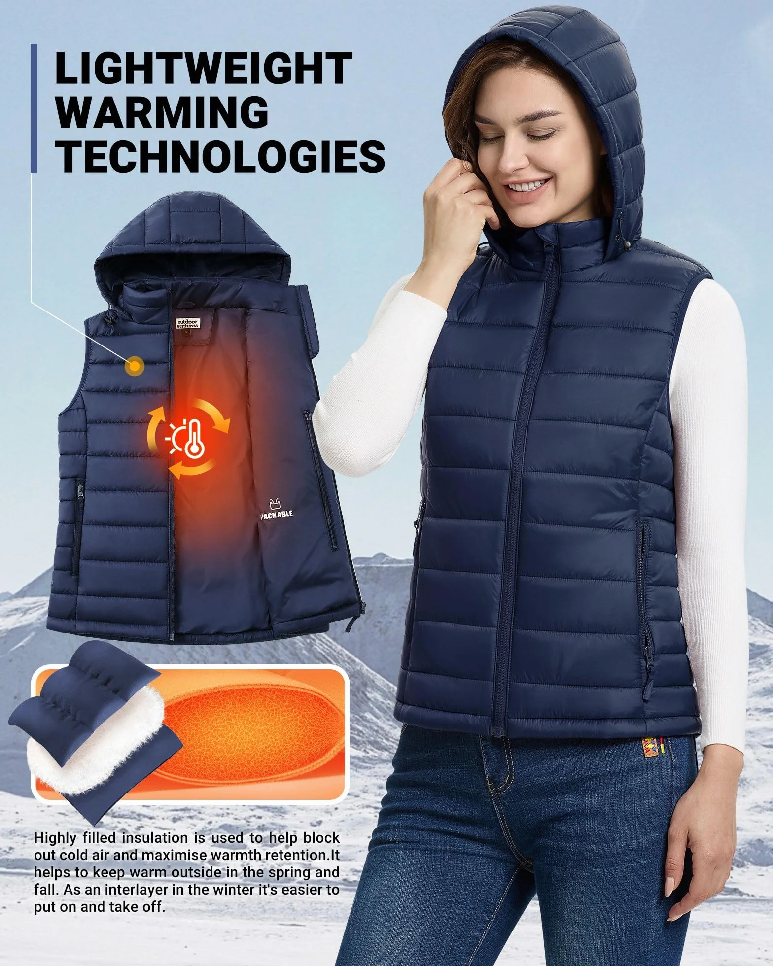 Outdoor Ventures Damska pikowana kamizelka z kapturem, pakowana, przejściowa kamizelka z podszewką, hybrydowa kamizelka sportowa, ciepła kamizelka rowerowa ze stójką, na wędrówki, kemping