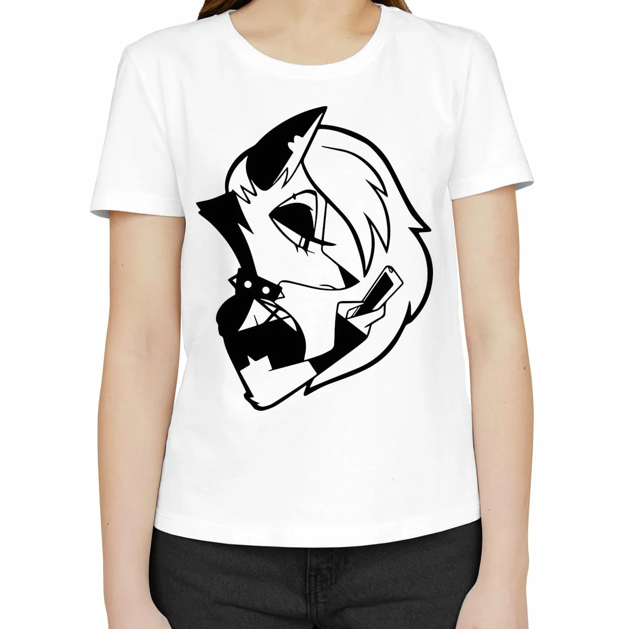 Helluva Boss Loona Phone klasyczny damski T-shirt z okrągłym dekoltem i krótkimi rękawami, biały, M