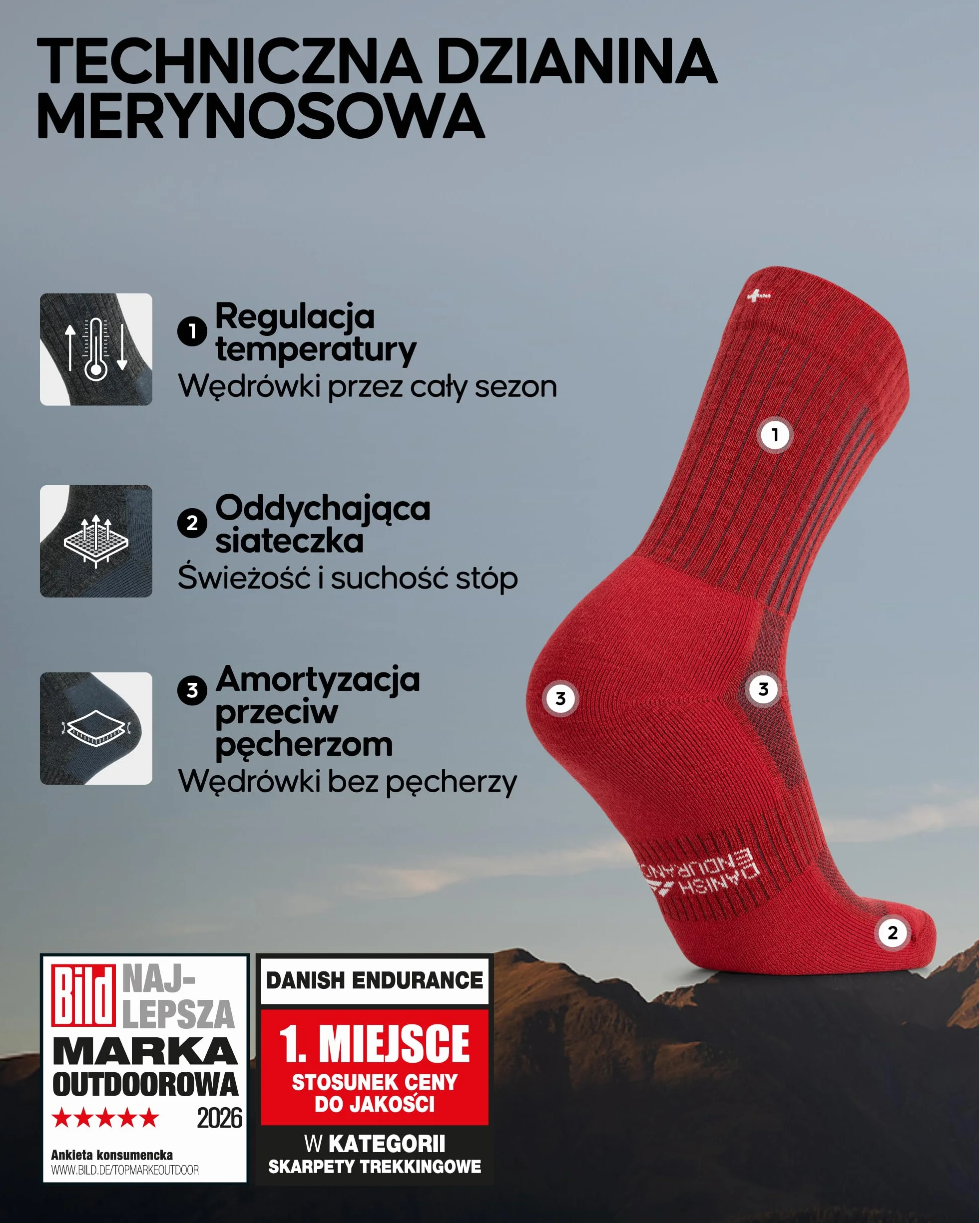 DANISH ENDURANCE Skarpety Trekkingowe Premium, Wełna Merino, Skarpety do Wędrówek, Damskie i Męskie 2-Pak