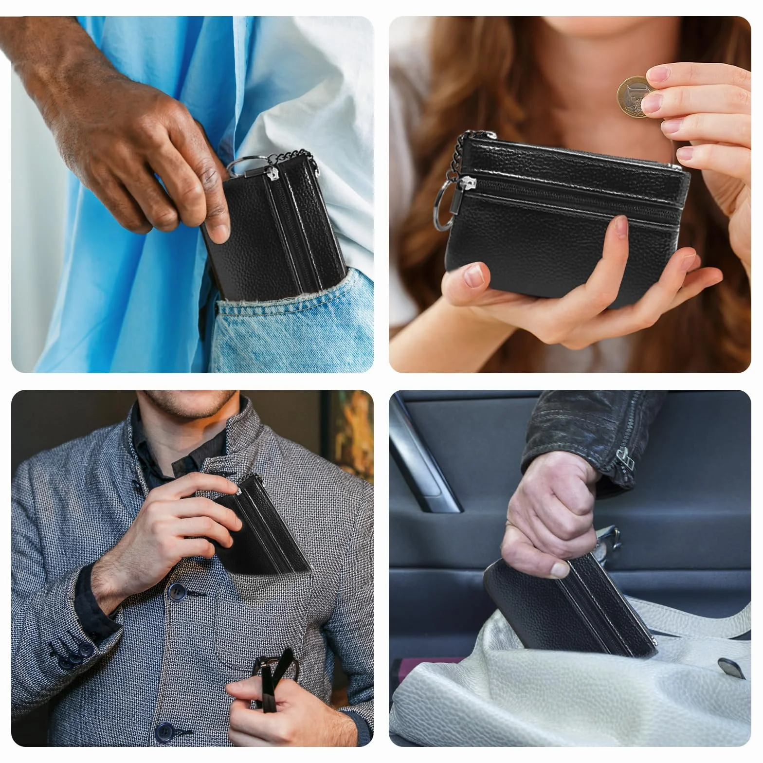2 etui na klucze ze skóry PU, skórzane etui na klucze, małe etui na klucze, portmonetki, małe portmonetki, damskie na kluczyki samochodowe, czarne, skórzane etui na klucze samochodowe, Zawiera żelazo,