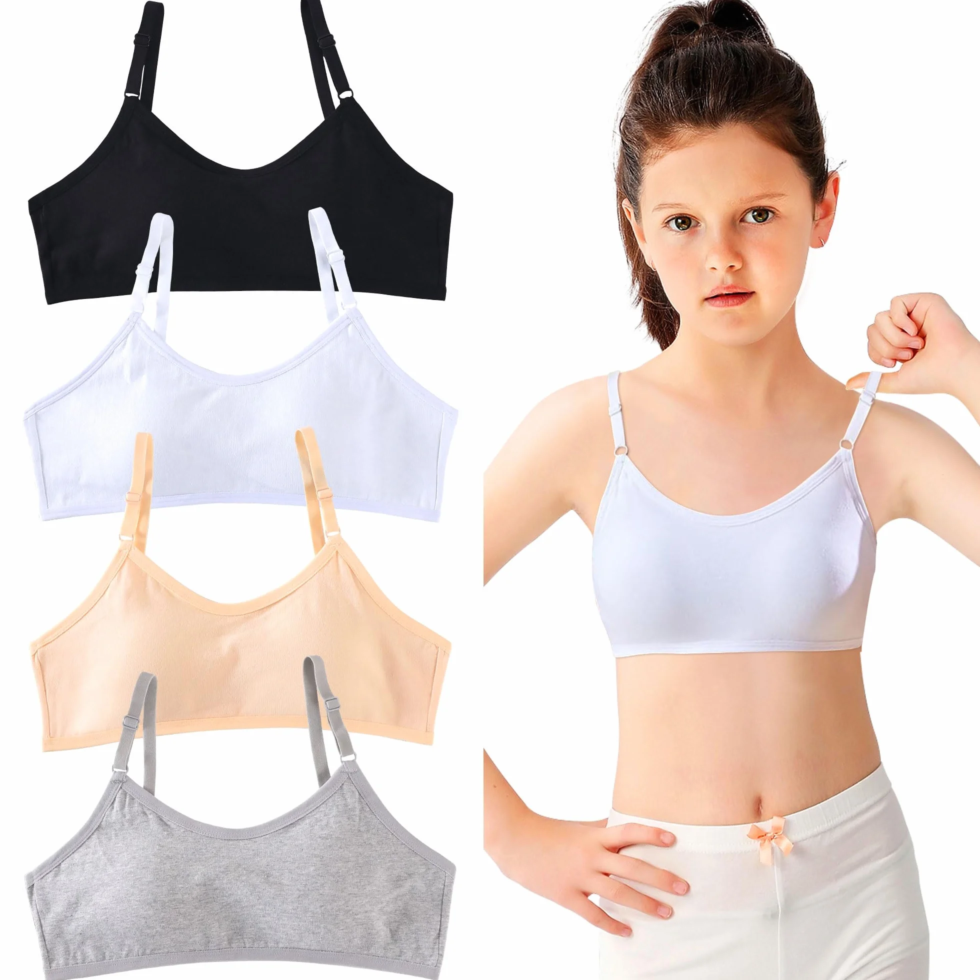 Bustier Meisjes BHS Katoenen 4-pak Sport Braletka regulowana opaska na ramię Zonder Beugel zestaw biustonosz 10-16 lat Veelkleurig