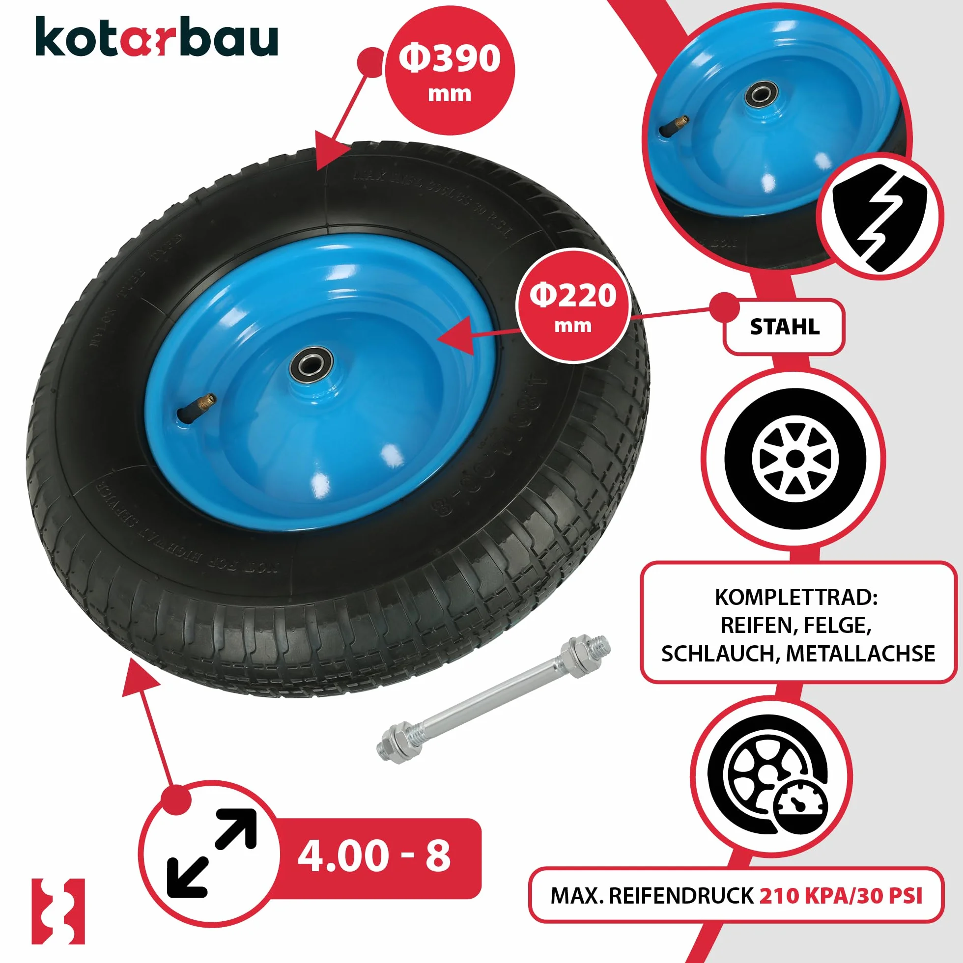 KOTARBAU® Koło do taczki z osią, płaszcz 4.80 4.00-8, koła do taczki, opony 4,80/4.00-8, koło do taczki 4.80/4.00-8, wzmocnione opony 6PR Ø 390 mm