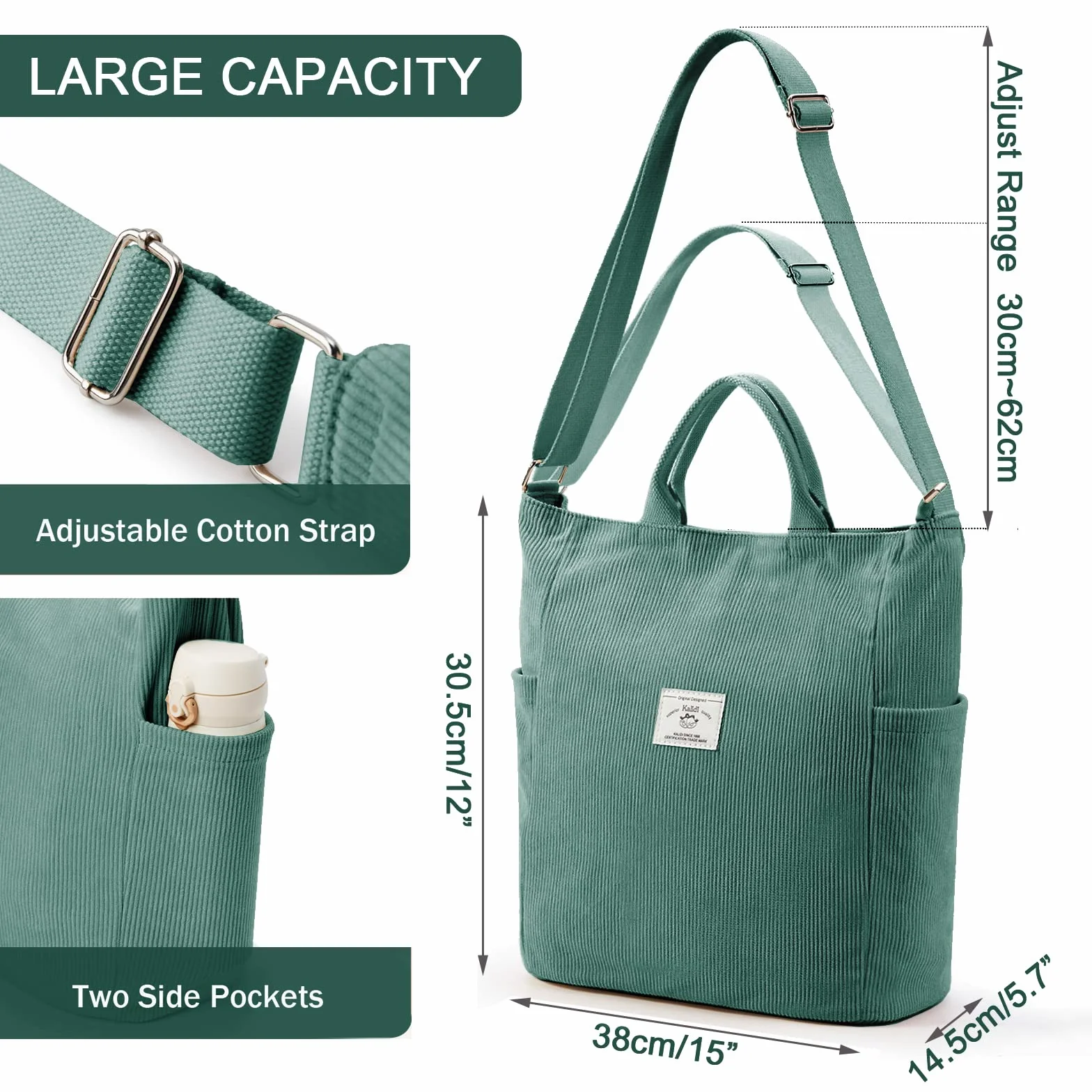 KALIDI Sztruksowa torba hobo, tote, torebka crossbody, duża pojemność, na ramię, z zamkiem błyskawicznym, dla kobiet, dziewcząt, do szkoły, na uczelnię i zakupy, do pracy, Jasnozielony, Large