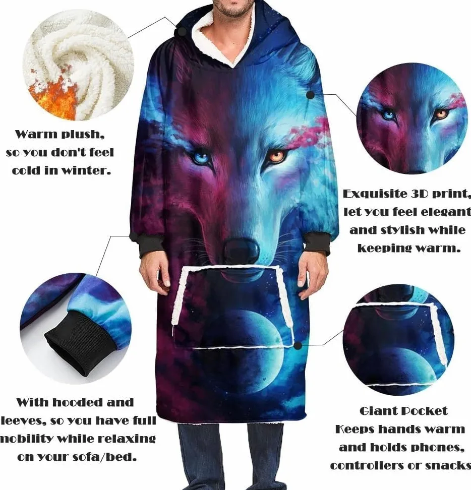 Puszyste kocyki do noszenia Koc z bluzą oversize z motywem świątecznym, bluza z kapturem z mikrofibry, rozmiar dla dorosłych