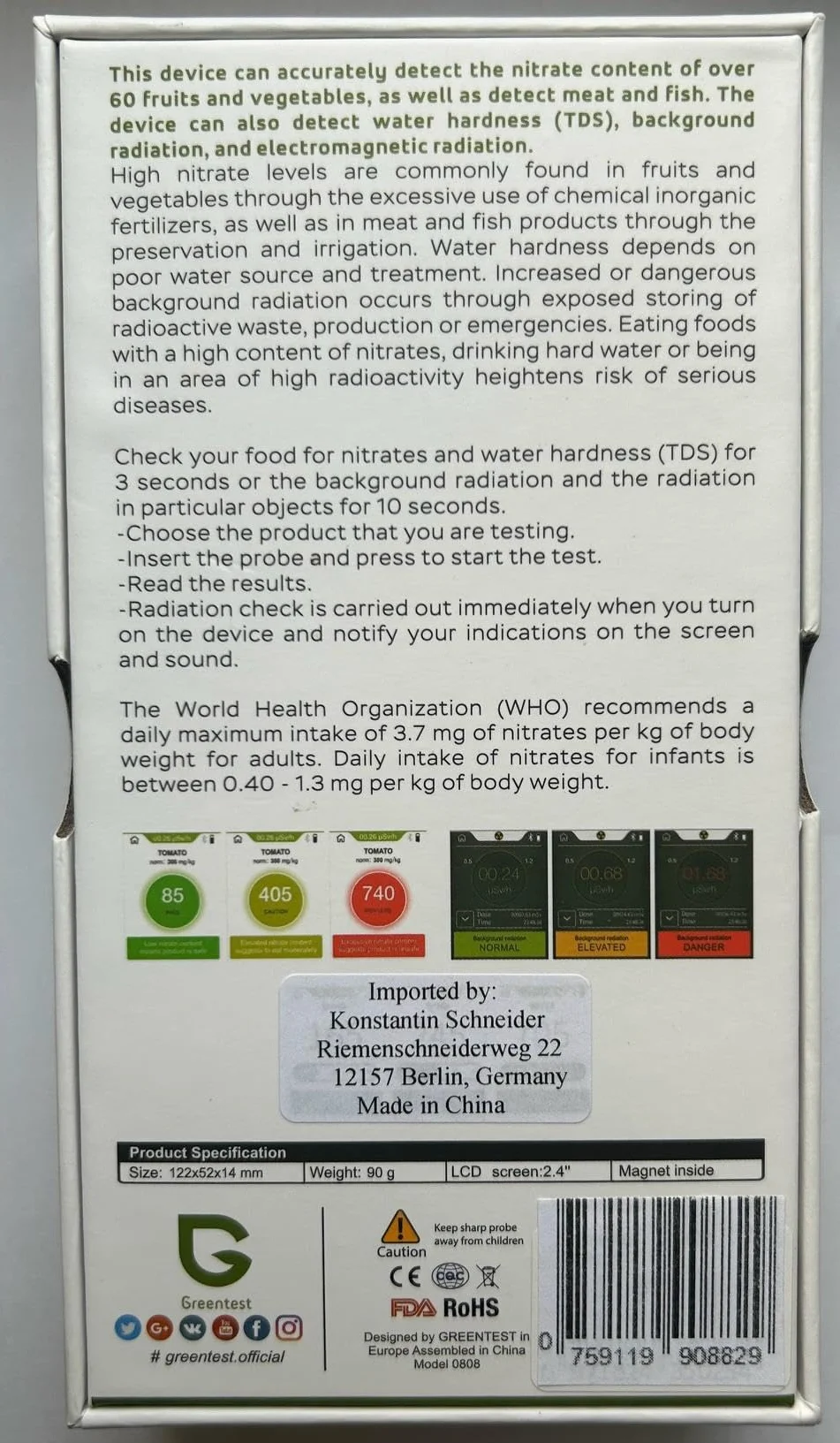 Greentest Eco 6 licznik Geigera Nitrattester do mięsa i ryb Tester TDS Tester wody Detektor promieniowania Licznik promieniowania Tester nitrytów urządzenie do pomiaru geigera dozymetr Tester nitrytów