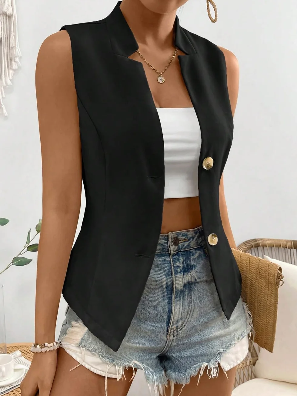 Damska kamizelka bez rękawów, czarna bez kołnierza zapinana na guziki marynarka kamizelka elegancka kamizelka letnia na co dzień slim fit praca biuro tunika kurtka topy