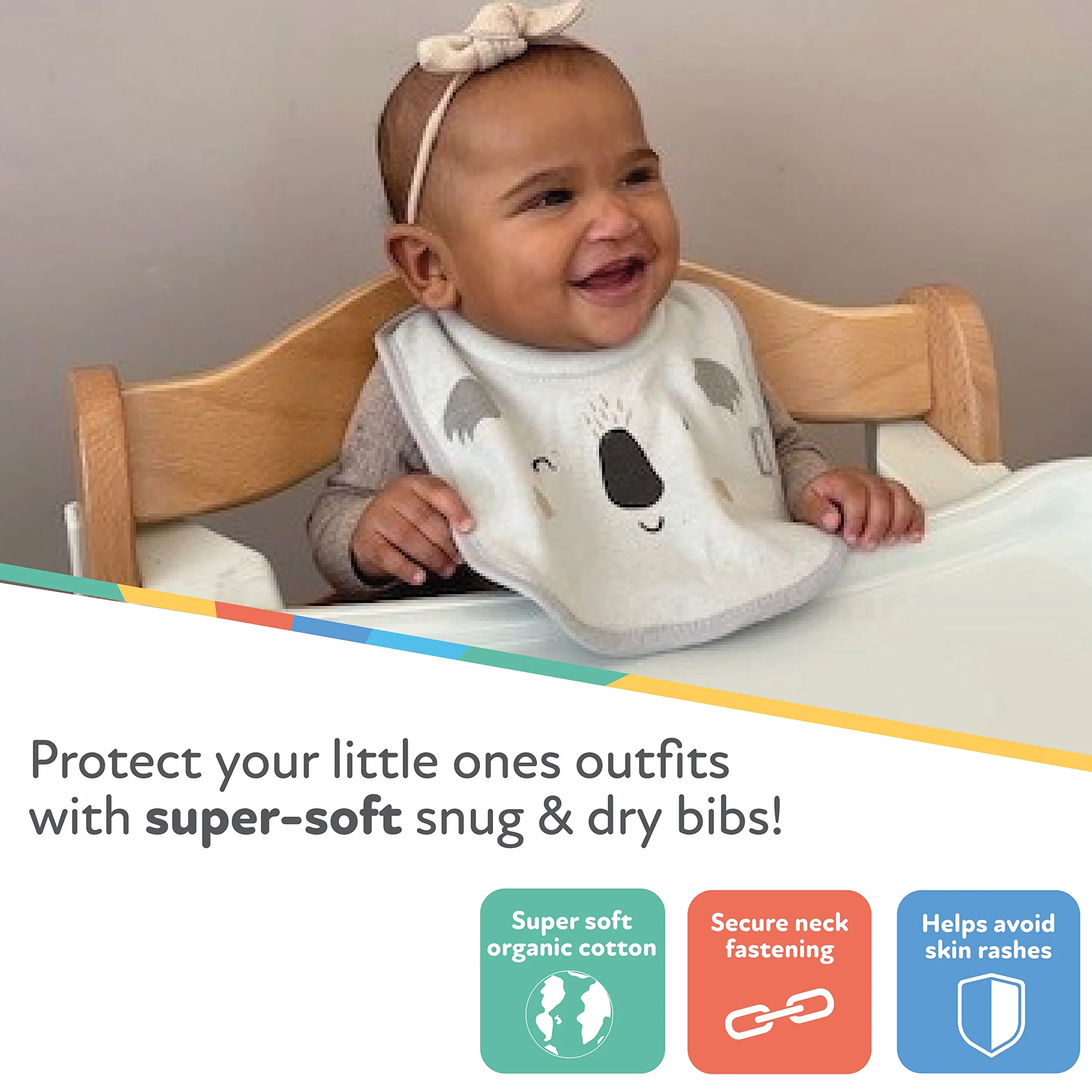 Nuby Snug and Dry Śliniaki z bawełny organicznej można prać w pralce z wyściełanym dekoltem 048526999460, jeden rozmiar, opakowanie 4 szt