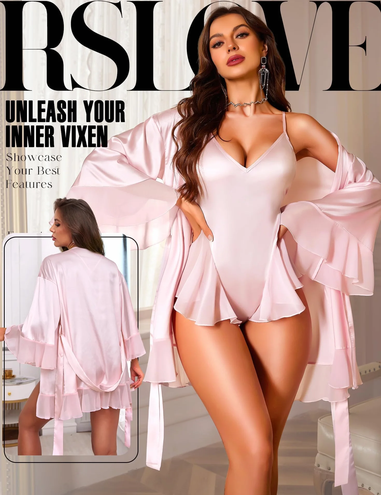 RSLOVE Seksowna bielizna damska - Szlafrok kimono satyna nocna nocna szlafrok do sypialni