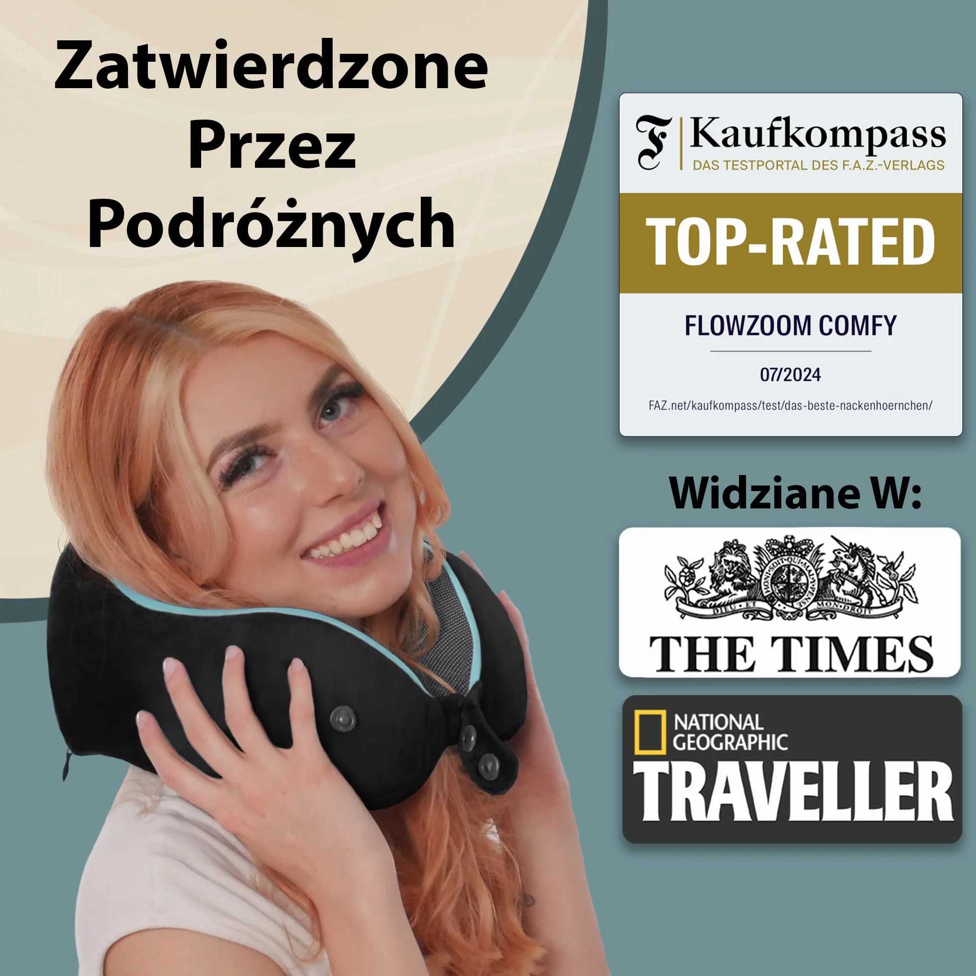 FLOWZOOM Poduszka Podróżna z Pianki Memory 360° Regulowany Zagłówek Czarny