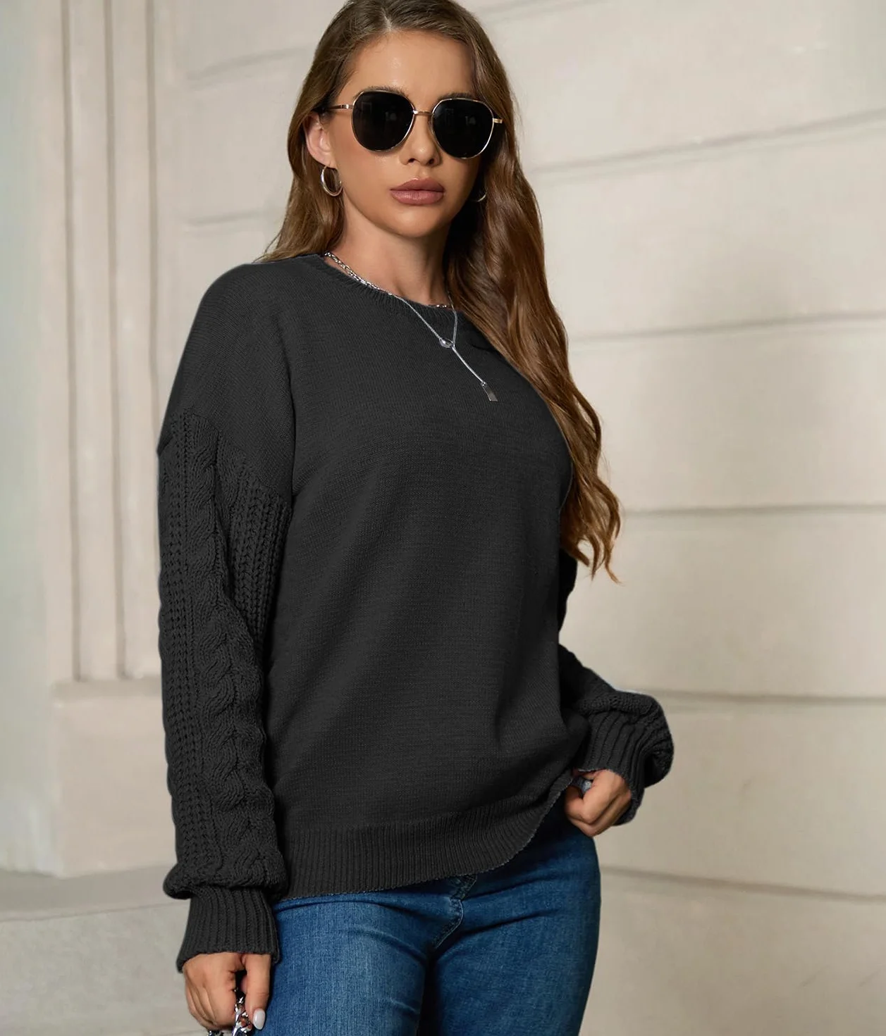 JFAN Damski zimowy sweter z okrągłym dekoltem luźny luźny sweter damski elegancki sweter