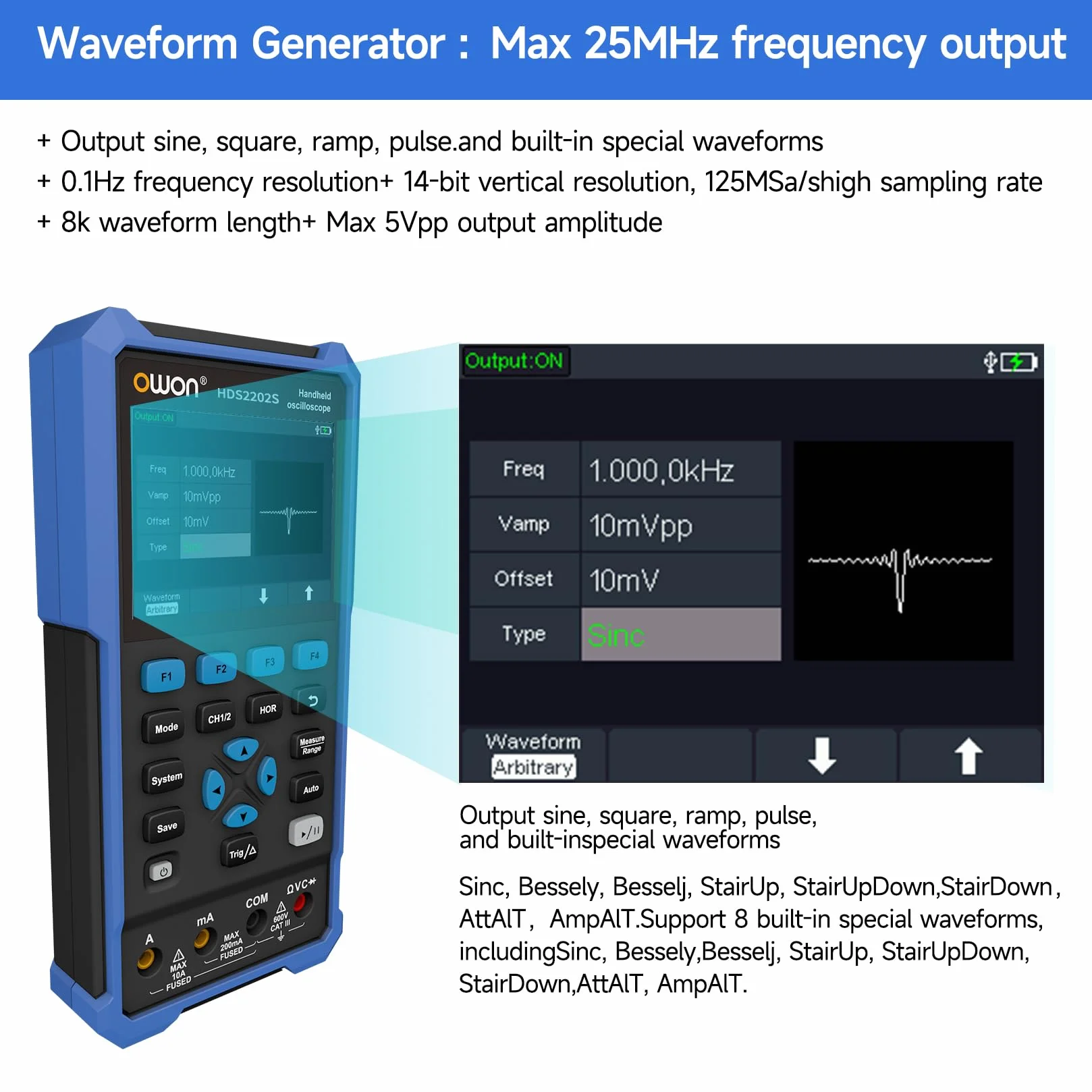 OWON HDS2202S 3 w 1 ręczny oscyloskop, przepustowość 200 MHz USB typu C z 3,5-calowym wyświetlaczem LCD, multimetr cyfrowy 20000, 2-kanałowy oscyloskop cyfrowy generator