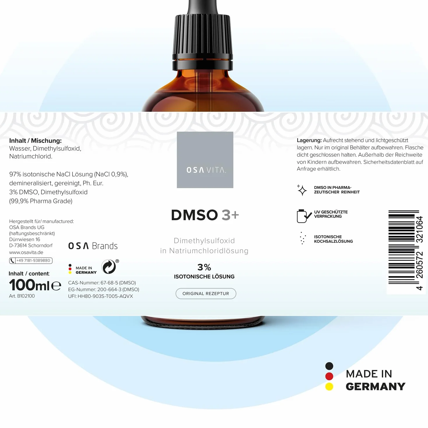 DMSO 3+ I Roztwór izotoniczny DMSO 3% I Roztwór dimetylosulfotlenku, 99,9% czystości Ph. Eur. I 100 ml z pipetą I Wyprodukowane w Niemczech przez OSAVITA