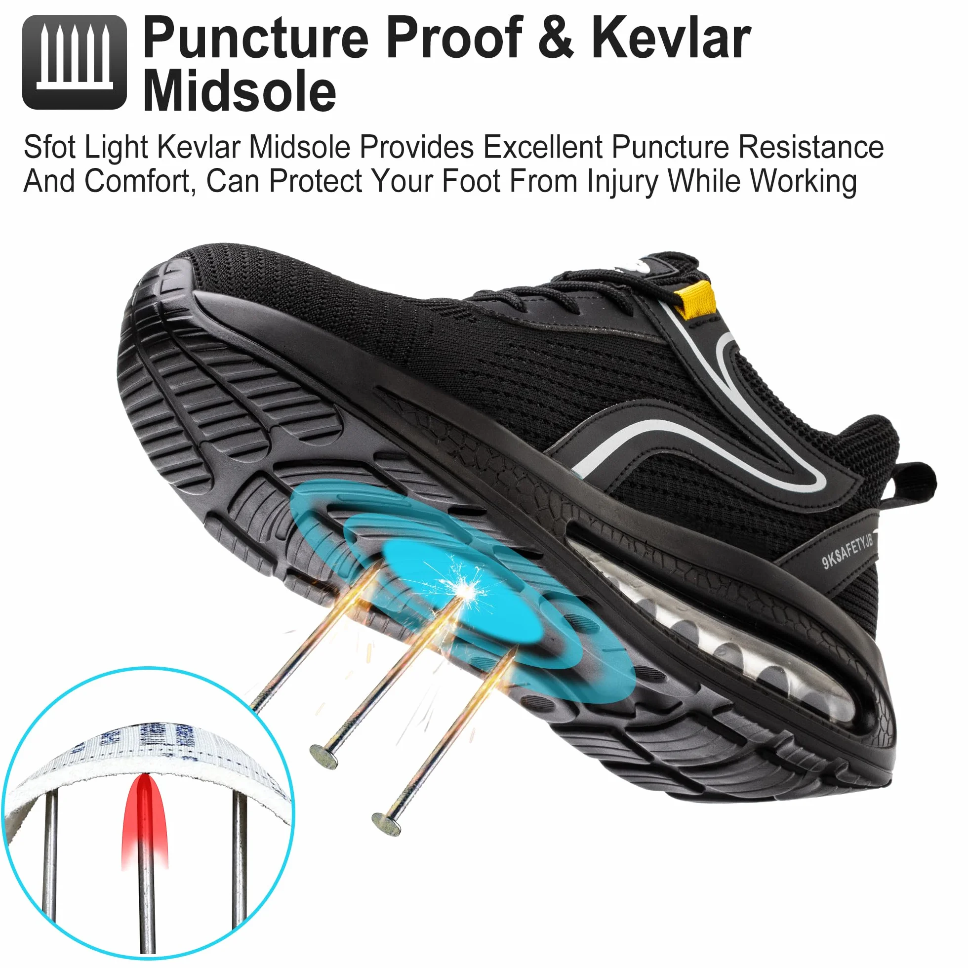 OBQcare buty robocze, męskie, damskie, lekkie, stalowe nakładki, antypoślizgowe, rozmiar 36-46 EU, czarny srebrny, 43 EU