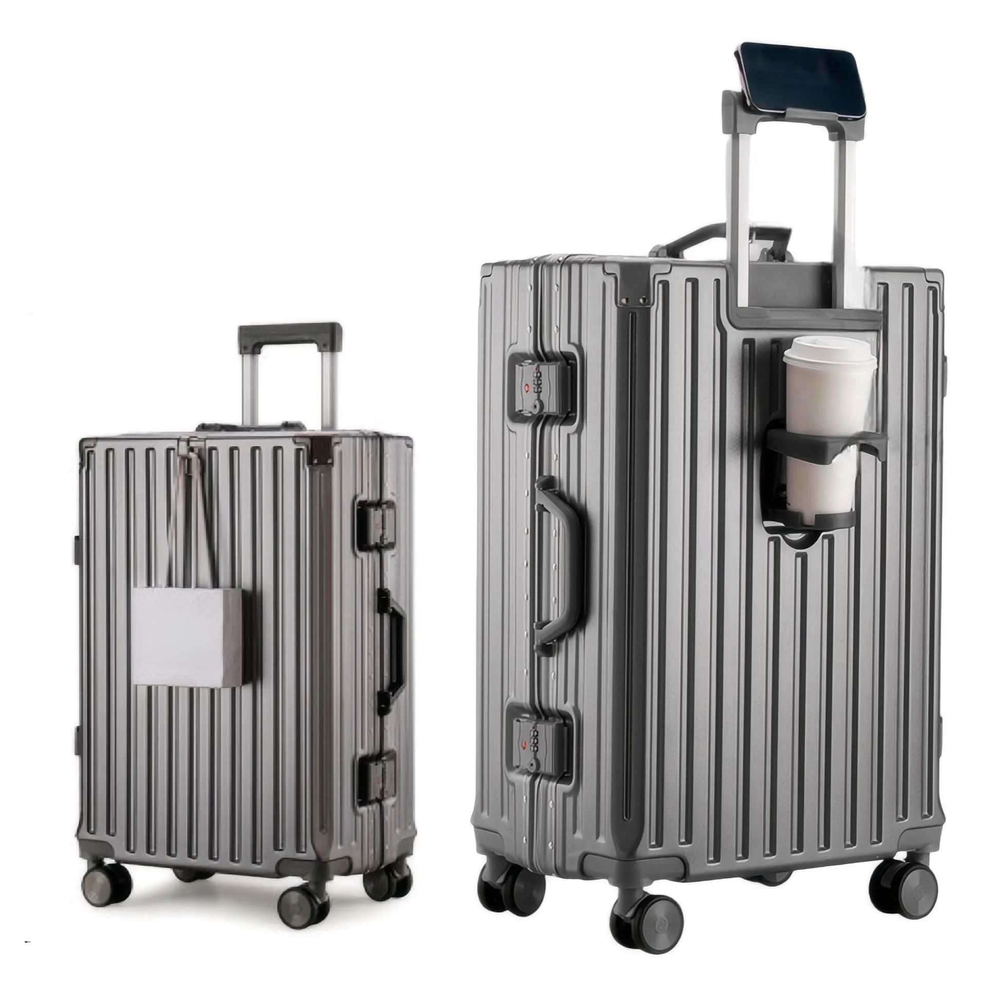 Walizka podręczna z ramą aluminiową (55 cm) – walizka z twardą obudową 45 l, z uchwytem na kubek i uchwytem na telefon komórkowy, walizka podróżna klasy premium, z zamkiem TSA i podwójnymi kółkami 360