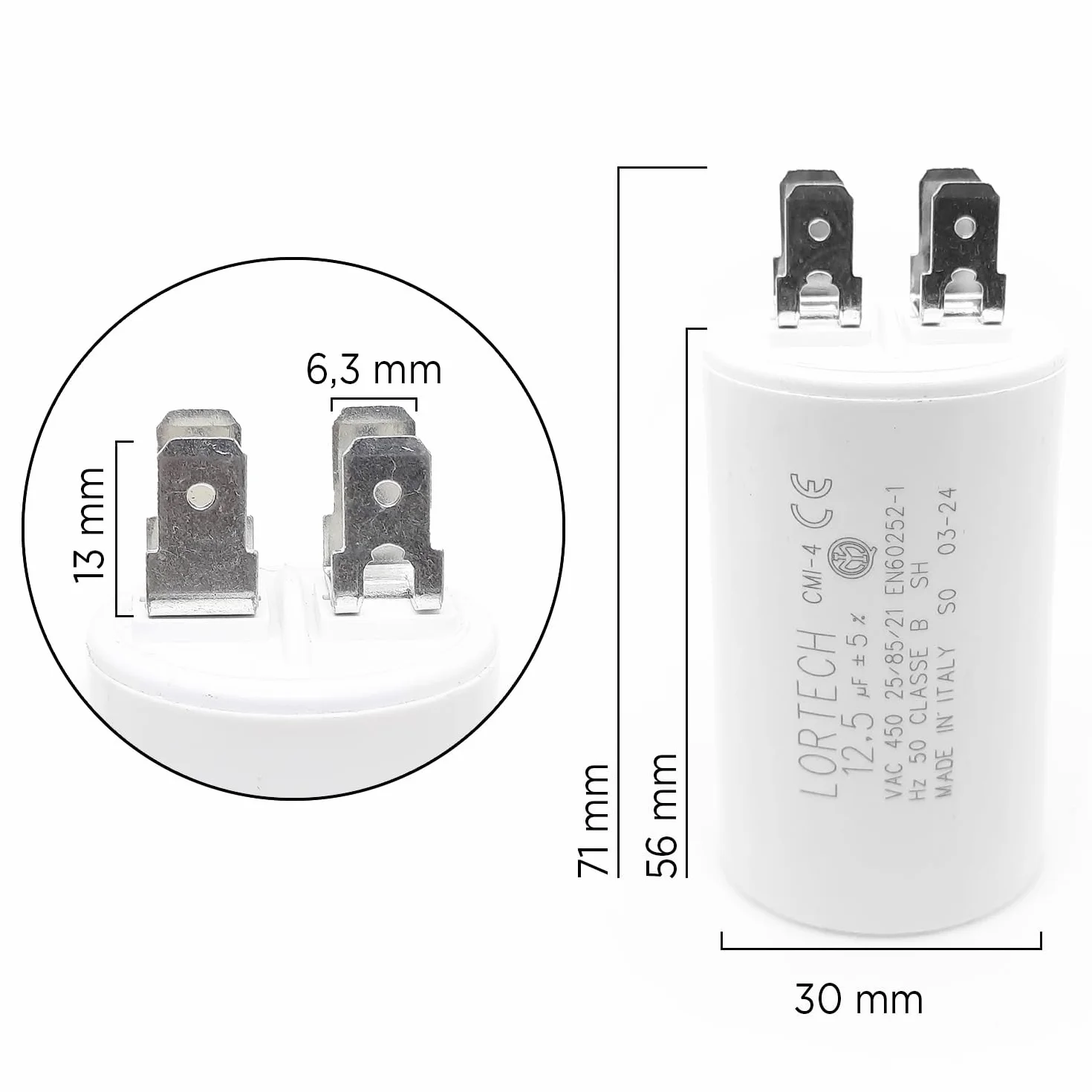 KONDENSATOR STAŁY 12,5 µF - Ø 35mm x 56 mm - PŁASKIE DNA - WYPRODUKOWANE WE WŁOCH