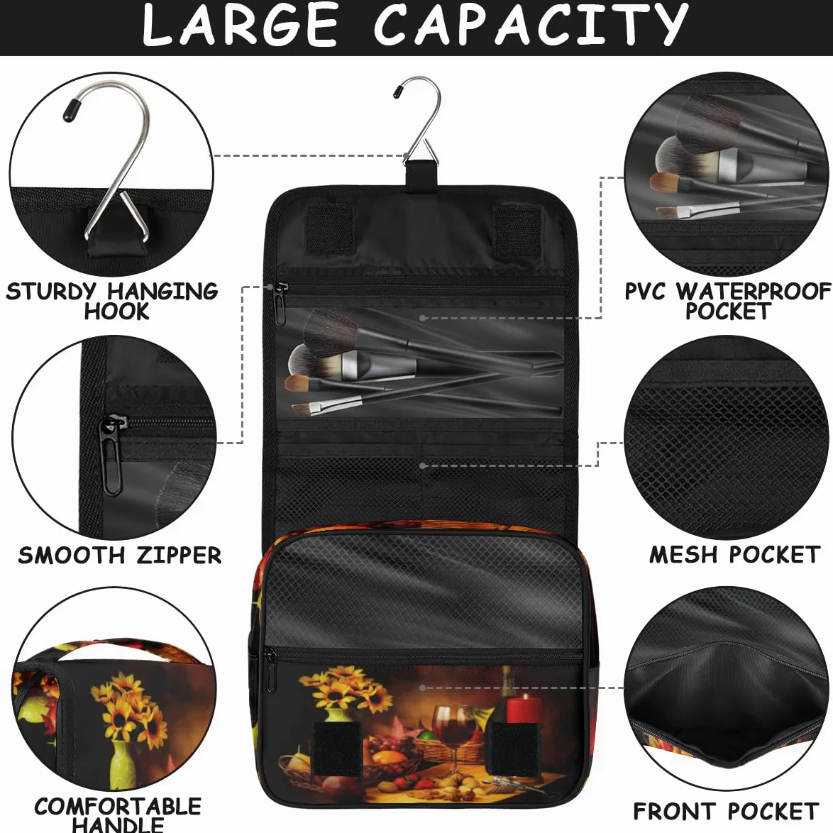 Jesienna podróżna kosmetyczka FallRed Wine Bottle Wash Pouch Bag Unisex Wiszące przybory toaletowe Kosmetyczka Organizer do makijażu, wielobarwny, Jeden rozmiar