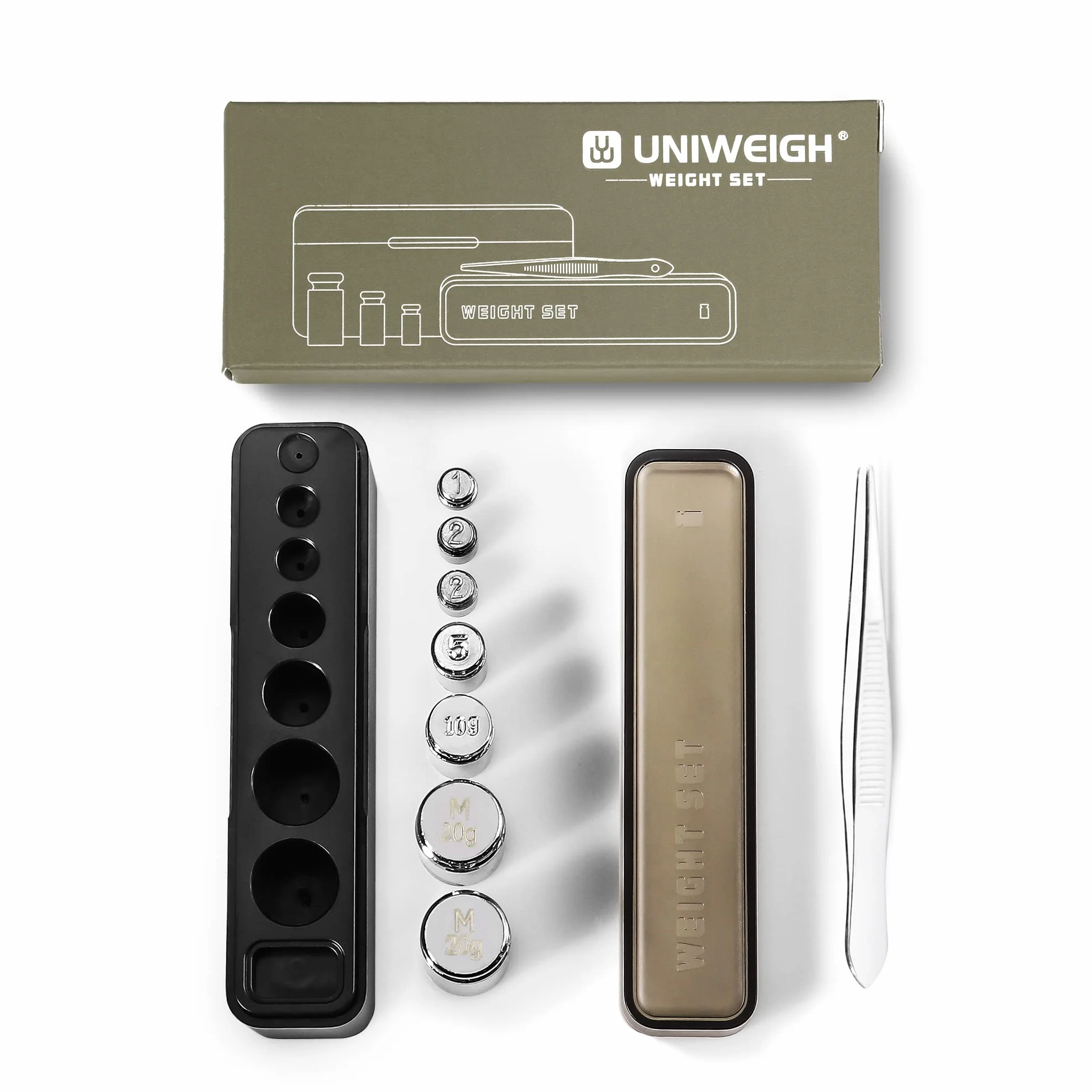 UNIWEIGH Zestaw odważników kalibracyjnych, 7 szt. 1-60 g zestaw odważników do kalibracji, mała waga testowa do wagi cyfrowej, zawiera: 1 g x 1, 2 g x 2, 5 g x 1, 10 g x 1, 20 g x 2, 1 pęseta