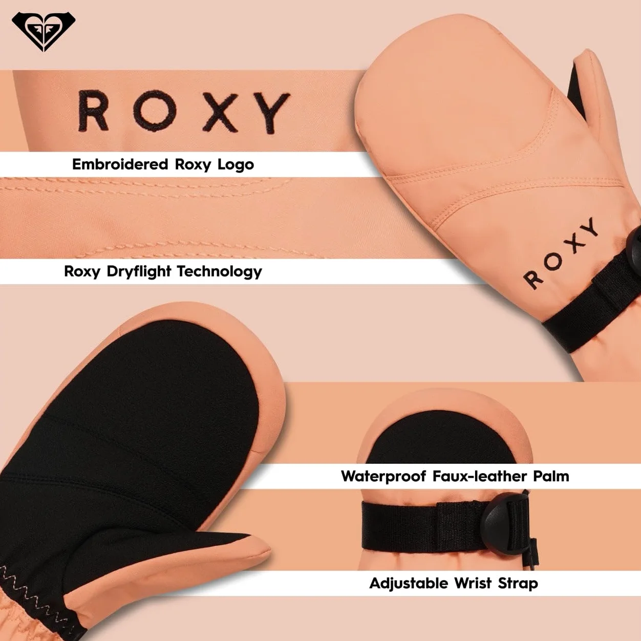Roxy Rękawiczki snowboardowe/narciarskie dla dziewczynek, DryFlight, bez PFC, izolacja WarmFlight, ekran dotykowy, regulowany, brzoskwiniowy, rozmiar S