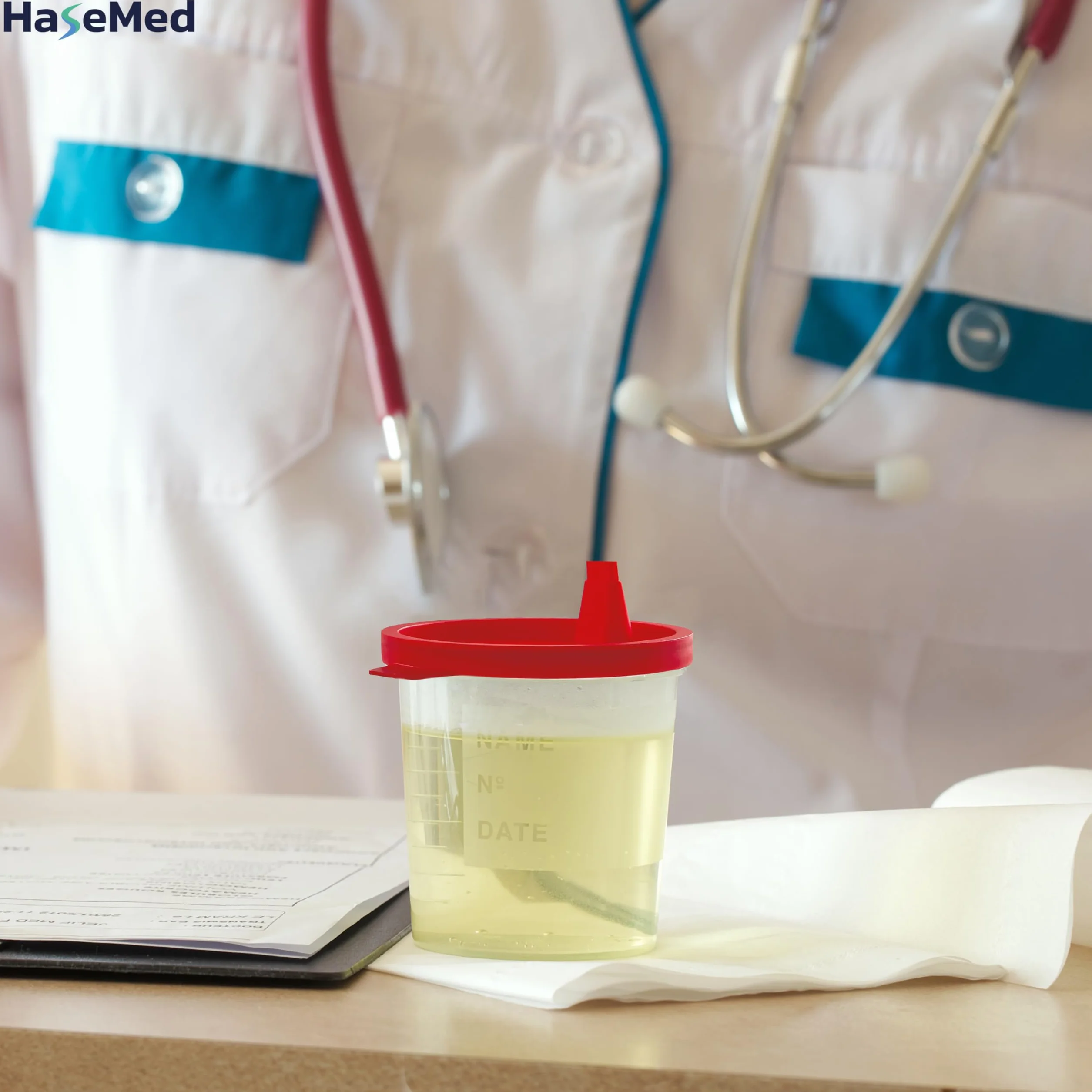 HaseMed kubek na mocz 125 ml – 3 sztuki kubków na próbki z czerwoną pokrywką – szczelny, można układać w stos i higieniczny, do próbek moczu, materiałów laboratoryjnych, gabinetów lekarskich, kliniki