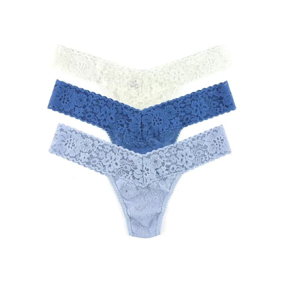 Hanky Panky Codzienne koronkowe stringi damskie o niskim wzroście, elastyczne koronkowe majtki, 3 sztuki, damskie stringi z niskim stanem, majtki damskie z bawełny i nylonu, bielizna do bielizny