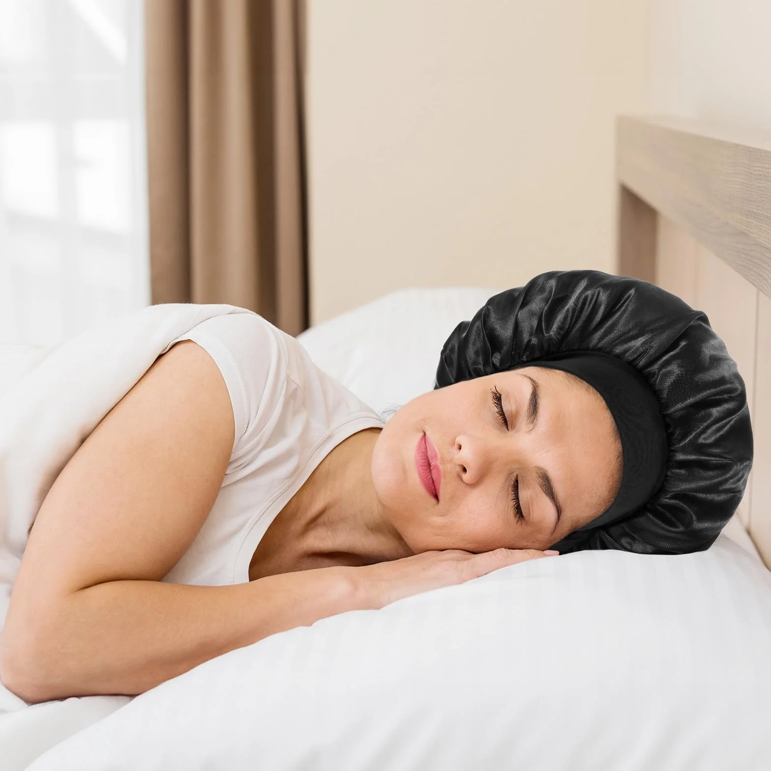 Tyqour Jedwabny czepek do spania, czapka do spania, męska, satynowa Bonnet, podwójna warstwa, miękki jedwabny czepek do spania, regulowany czepek z jedwabiu, czepek do spania z gumowym ściągaczem, dla