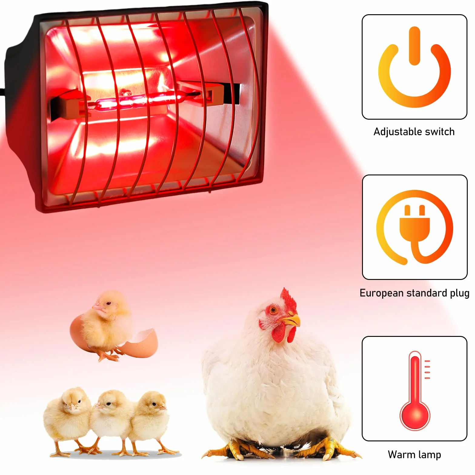 Lampa grzewcza 1,8 m, promiennik ciepła z wtyczką EU, czerwone światło z przełącznikiem, lampa grzewcza dla zwierząt, lampa grzewcza dla kurników, lampa na podczerwień dla piskląt, prosiąt, szczeniąt