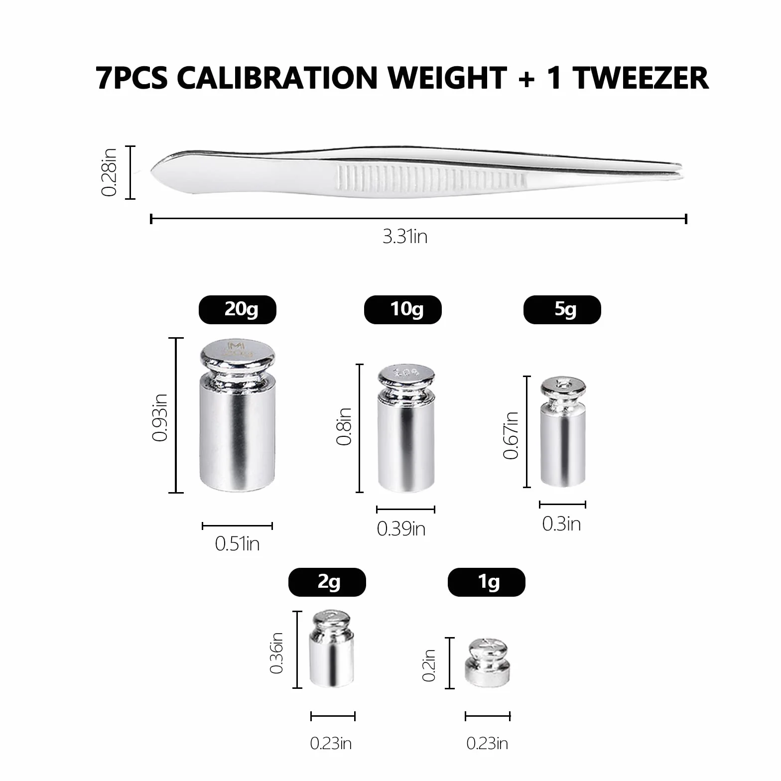 UNIWEIGH Zestaw odważników kalibracyjnych, 7 szt. 1-60 g zestaw odważników do kalibracji, mała waga testowa do wagi cyfrowej, zawiera: 1 g x 1, 2 g x 2, 5 g x 1, 10 g x 1, 20 g x 2, 1 pęseta