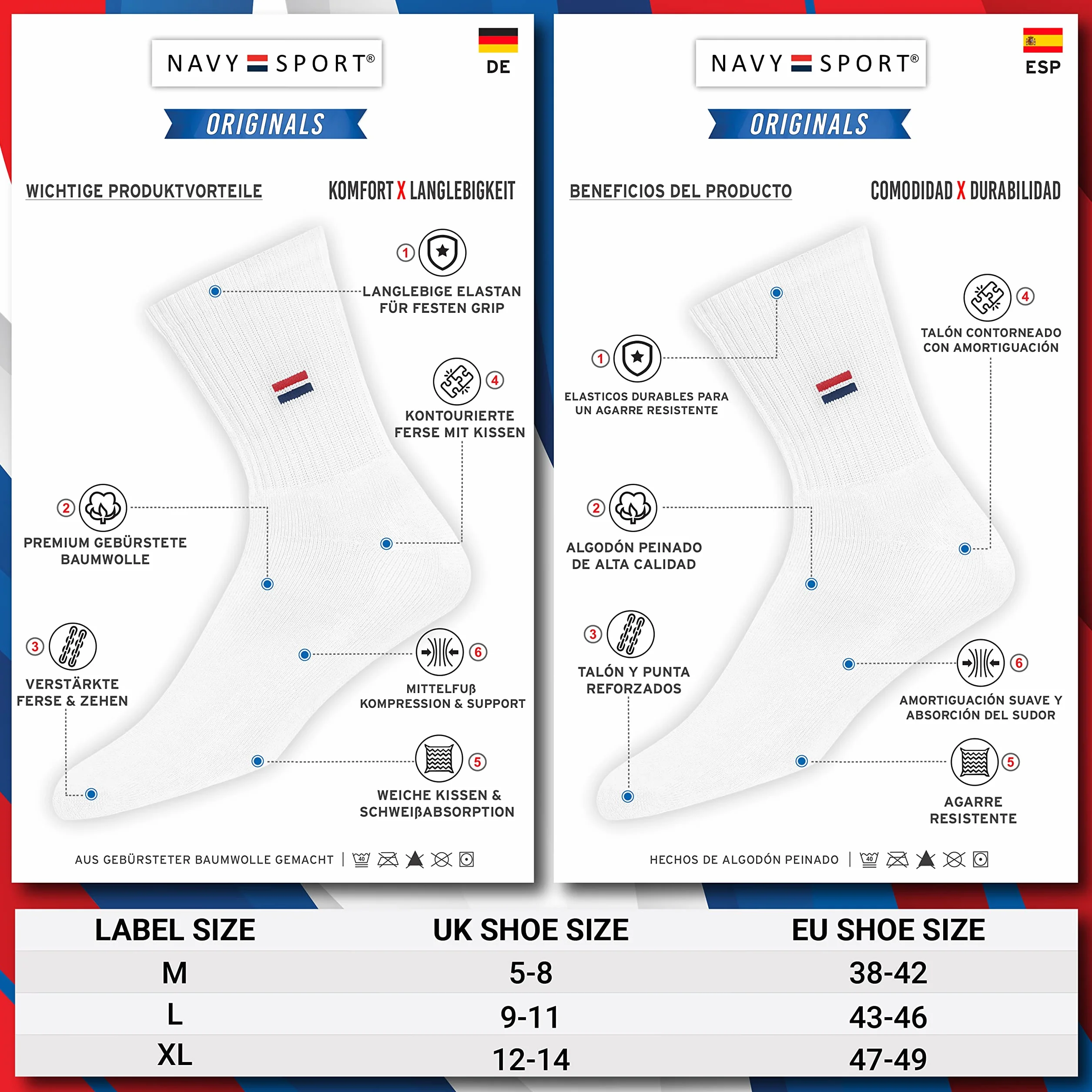 NAVYSPORT Skarpety sportowe unisex Crew Zestaw 5 bawełnianych skarpet dla kobiet i mężczyzn. (Opakowanie 5 par)
